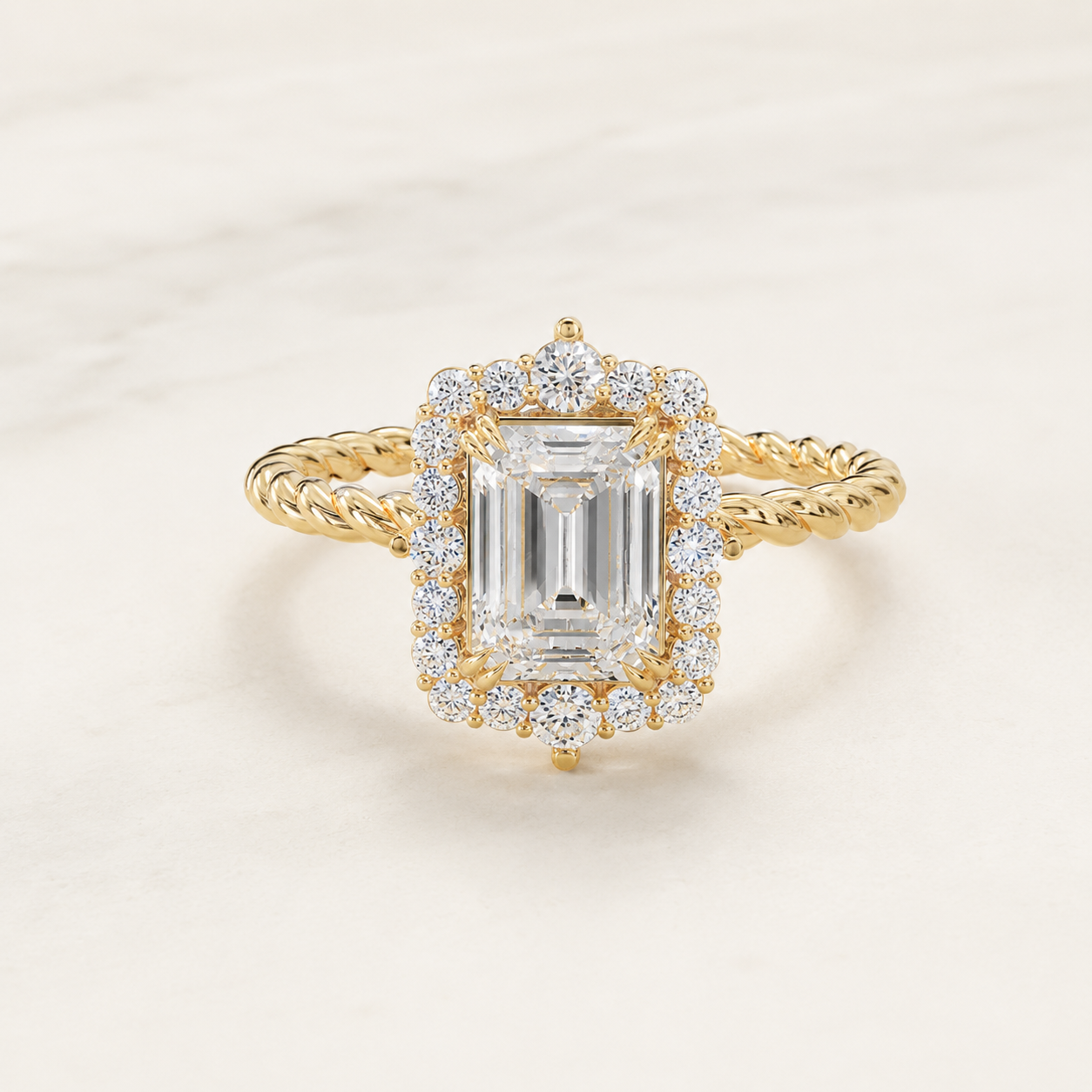 1 CT Emerald Cut Diamond Halo Ring in Yellow Gold, White Gold & Rose Gold