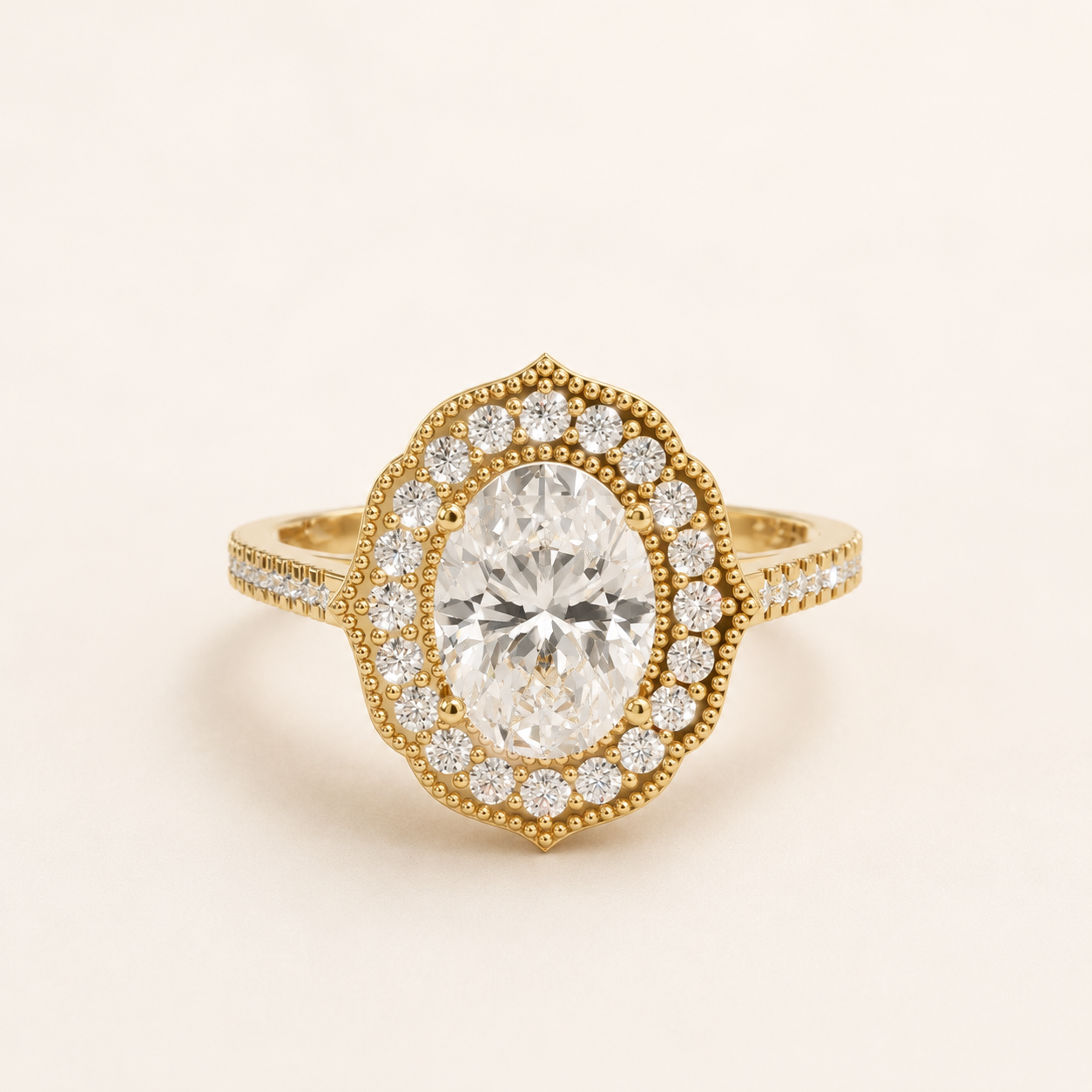 1.25 CT Oval Diamond Halo Ring in Yellow Gold, White Gold & Rose Gold