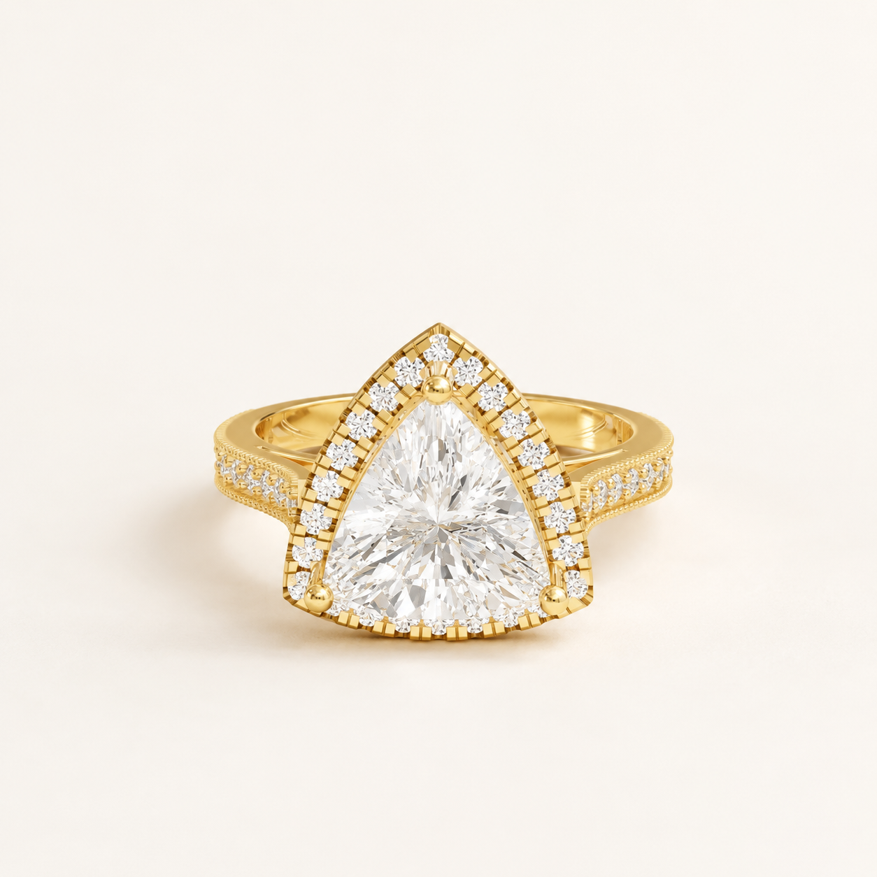 3 CT Trillion Cut Diamond Halo Ring in Yellow Gold, White Gold & Rose Gold
