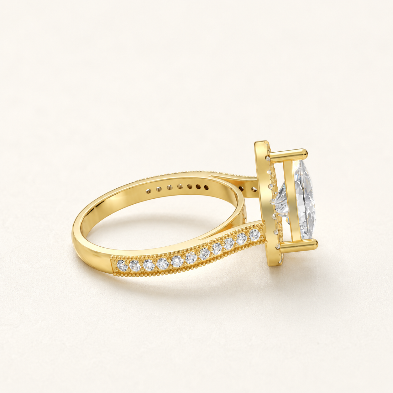 3 CT Trillion Cut Diamond Halo Ring in Yellow Gold, White Gold & Rose Gold - view 2