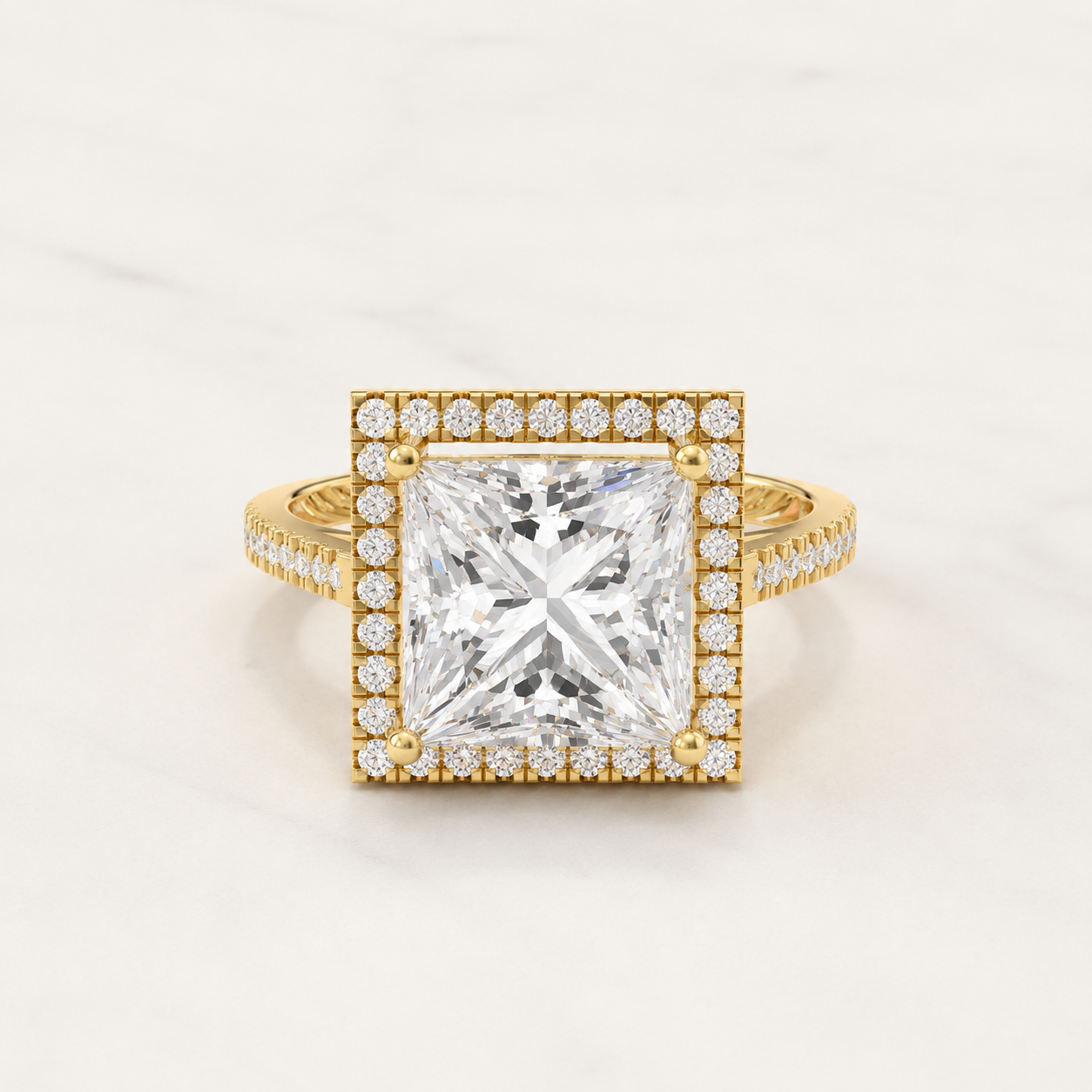 3.20 CT Princess Diamond Square Halo Ring in Yellow Gold, White Gold & Rose Gold