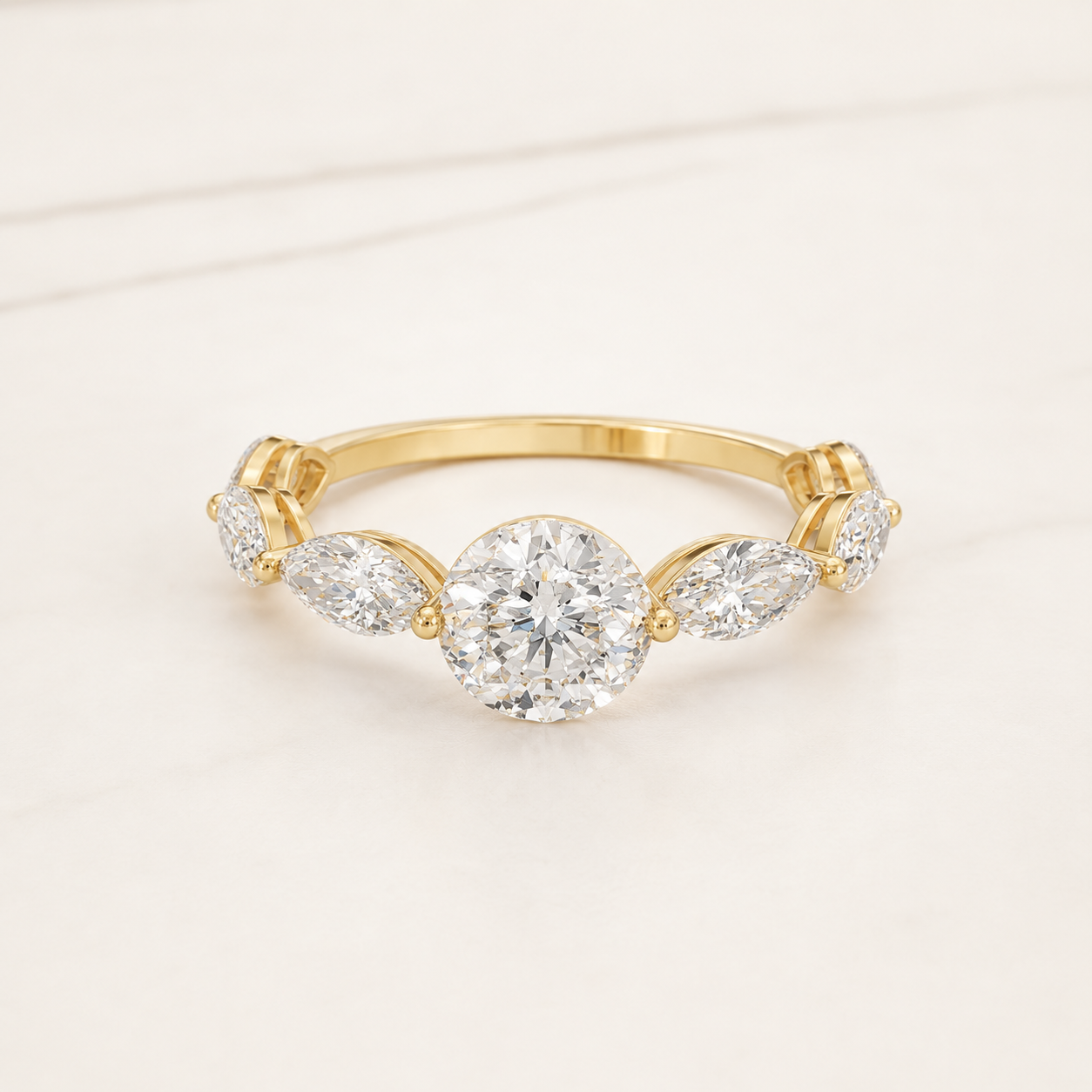 3 CT Round Diamond Marquise Side Stone Ring in Yellow Gold, White Gold & Rose Gold