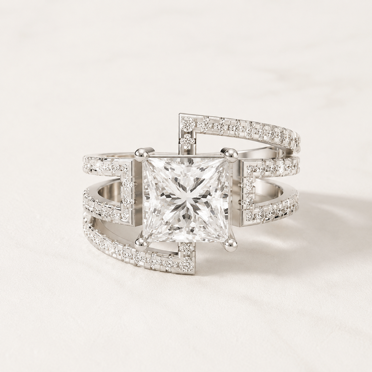 2.15 CT Princess Cut Lab Diamond Statement Ring in Yellow Gold, White Gold & Rose Gold