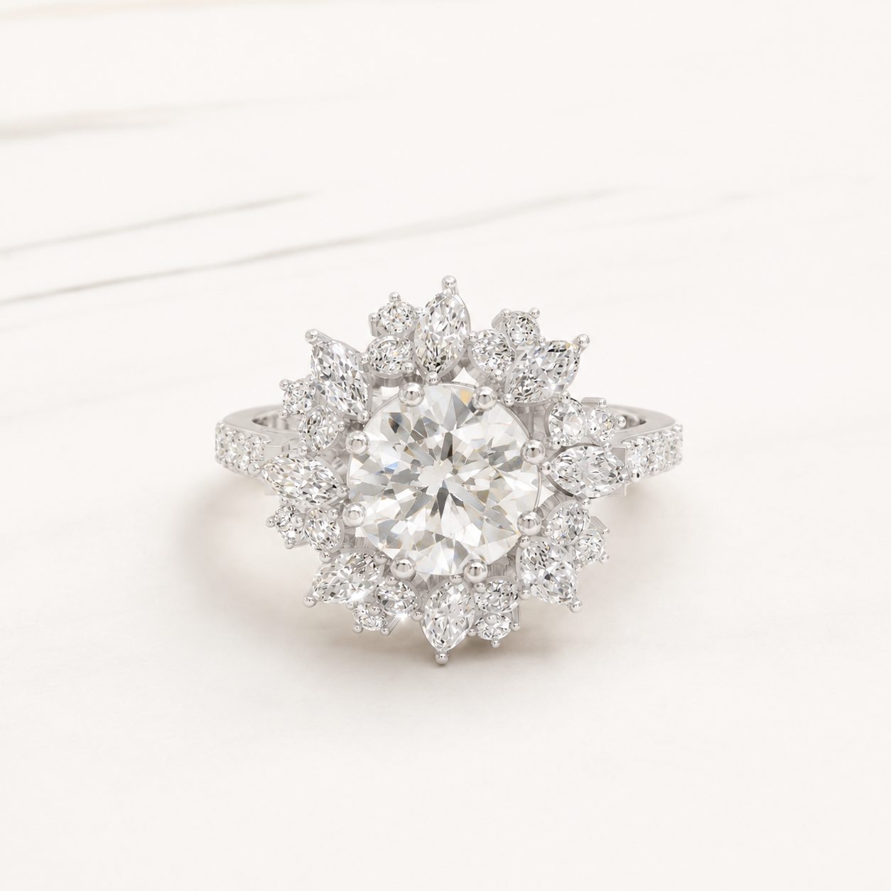 1.29 CT Round Diamond Floral Halo Ring in Yellow Gold, White Gold & Rose Gold