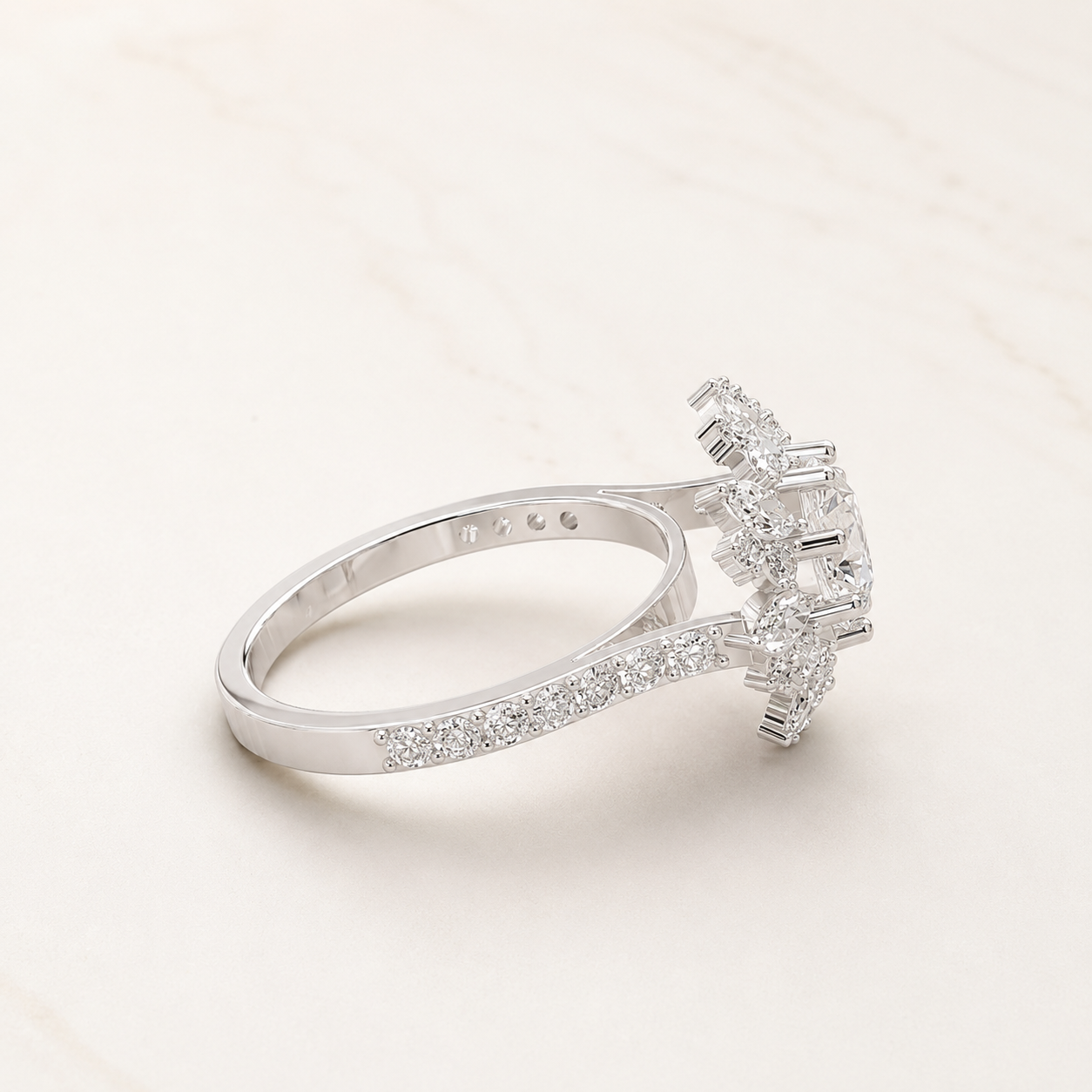 1.29 CT Round Diamond Floral Halo Ring in Yellow Gold, White Gold & Rose Gold - view 2