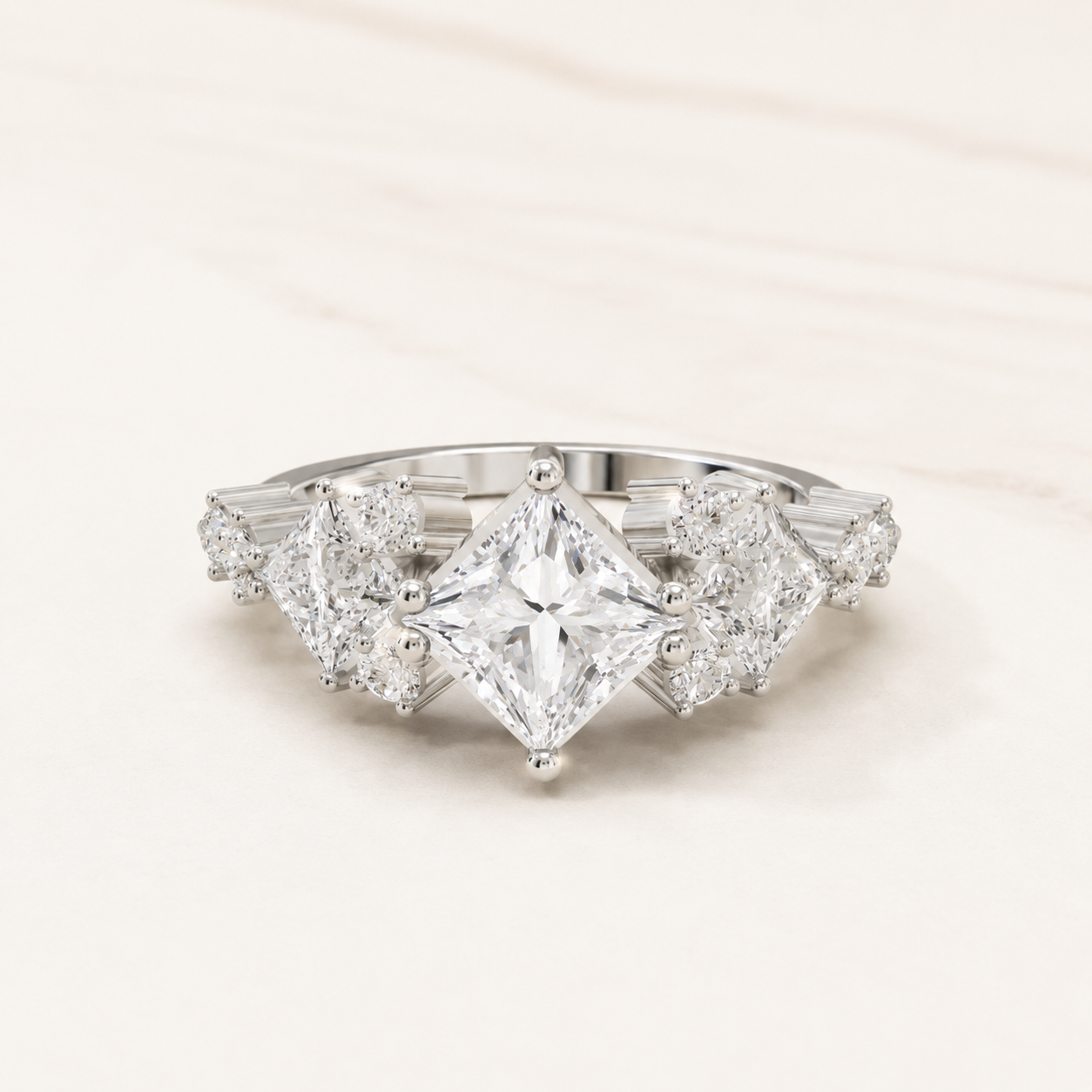 1.20 CT Princess & Round Diamond Cluster Ring in Yellow Gold, White Gold & Rose Gold