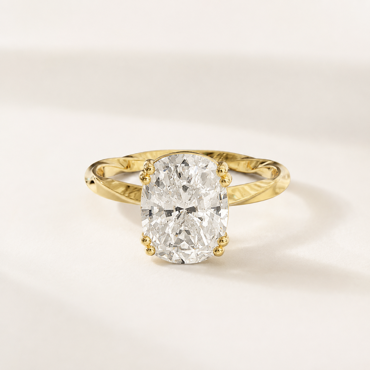 4 CT Cushion Diamond Twist Ring in Yellow, White & Rose Gold