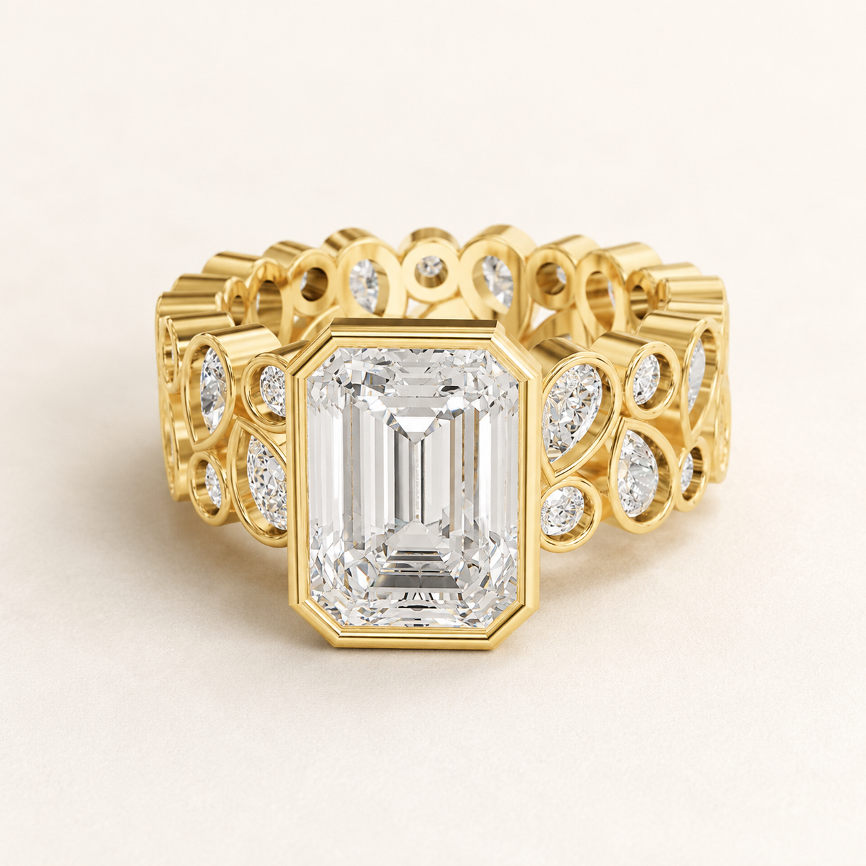 3.30 CT Emerald Diamond Statement Ring in Gold Yellow, White & Rose Gold