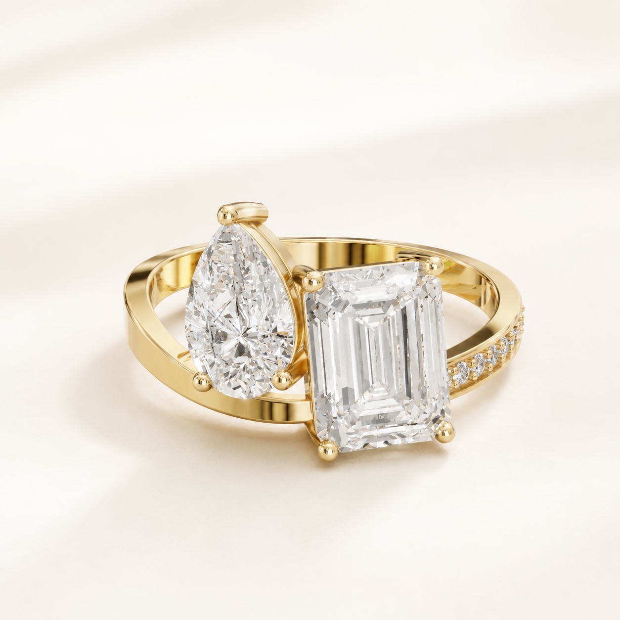 1.80 CT Emerald & Pear Diamond Ring in Yellow, White & Rose Gold