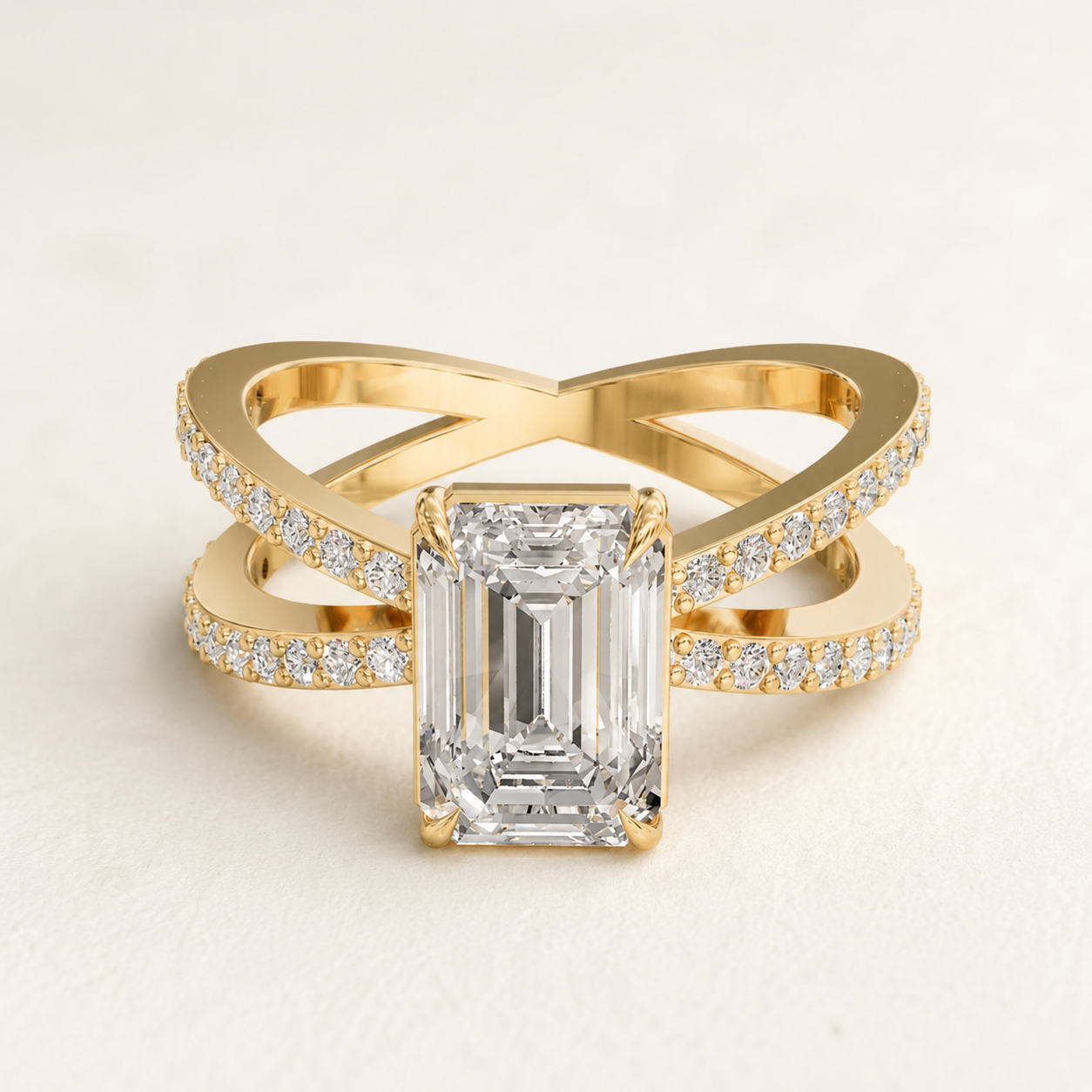 2.50 CT Emerald Diamond Crossover Ring in Yellow, White & Rose Gold