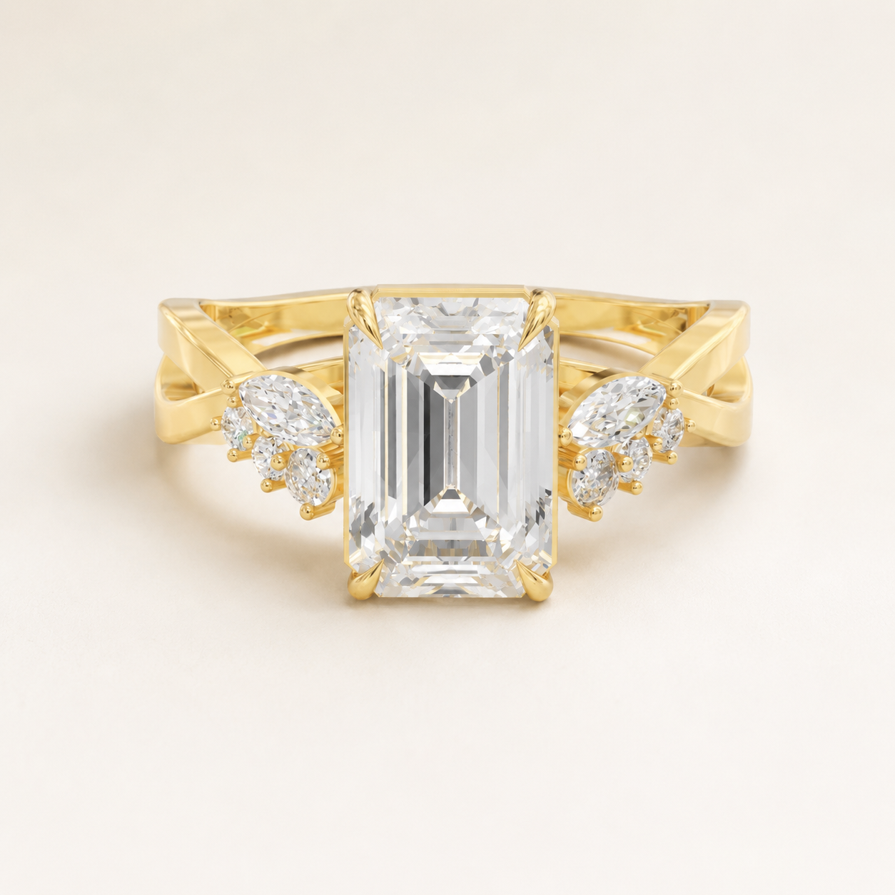 2.50 CT Emerald Diamond Leaf Ring in Yellow, White & Rose Gold