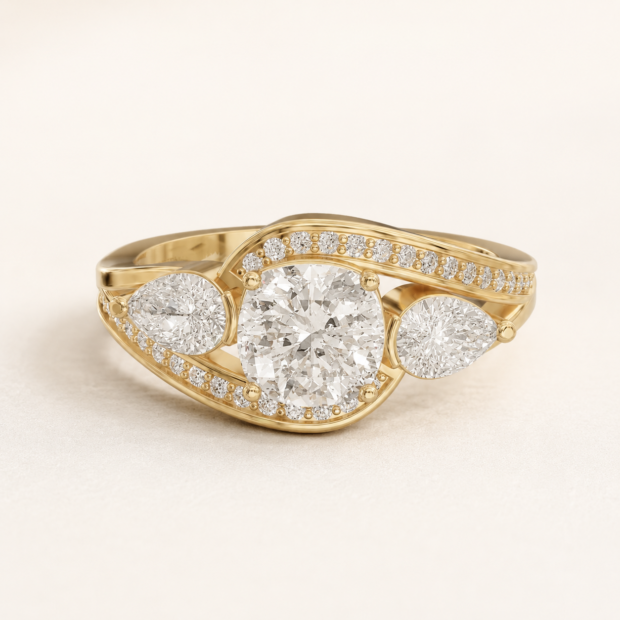 1.30 CT Cushion & Pear Diamond Ring in Yellow, White & Rose Gold