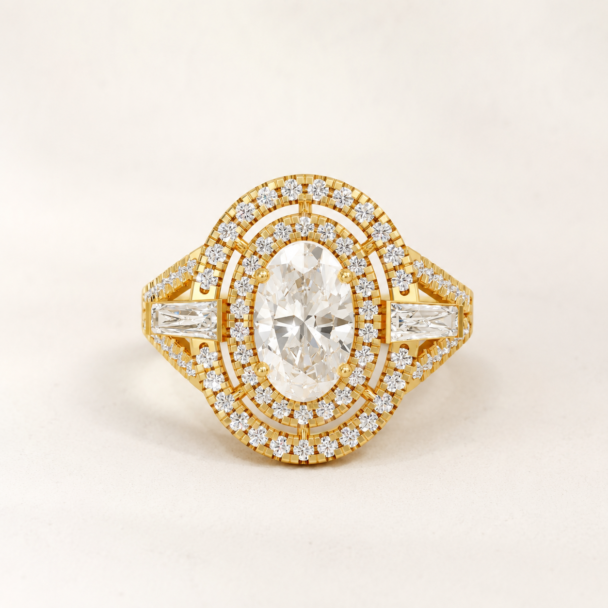 1.10 CT Oval Diamond Double Halo Ring in Yellow, White & Rose Gold