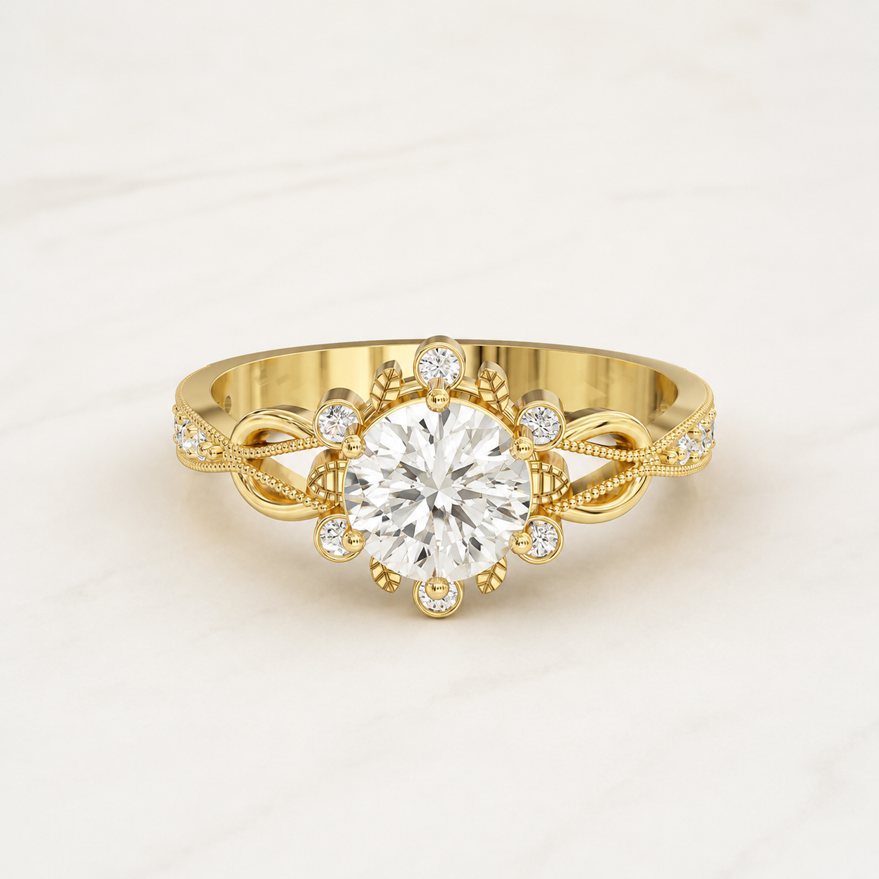 0.99 CT Round Diamond Floral Ring in Yellow, White & Rose Gold