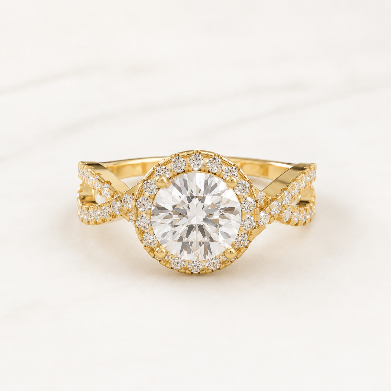 1.05 CT Round Diamond Halo Ring in Yellow, White & Rose Gold
