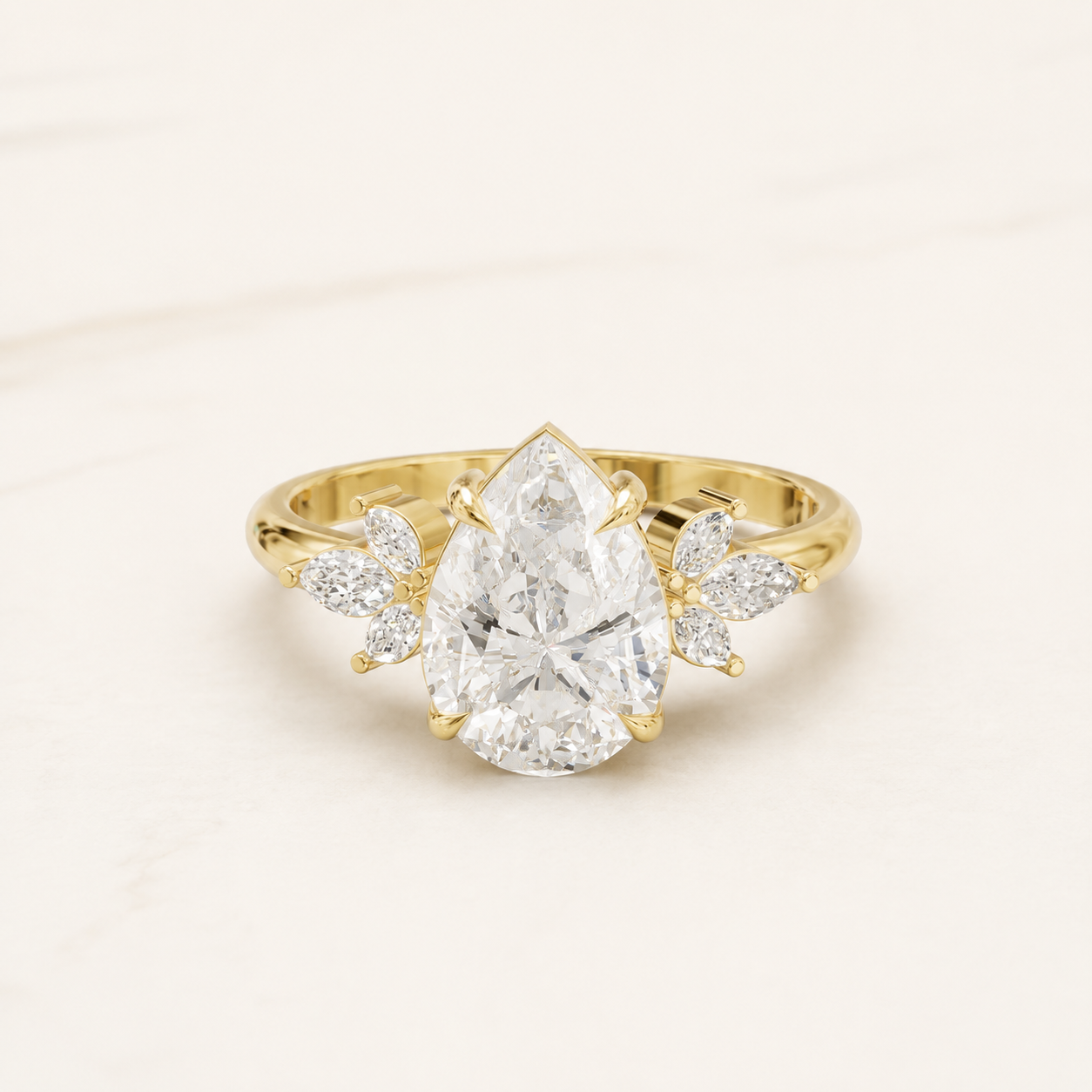1.60 CT Pear Diamond Floral Ring in Yellow Gold, White Gold & Rose Gold