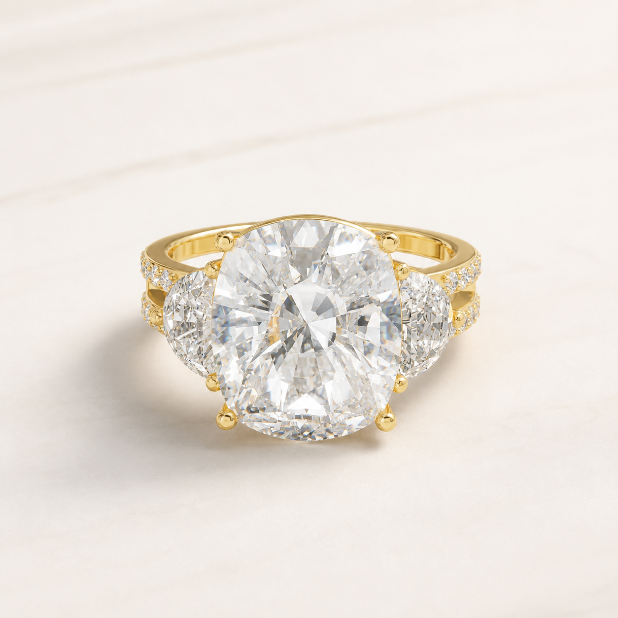 6.25 CT Cushion Diamond Three-Stone Ring in Yellow Gold, White Gold & Rose Gold