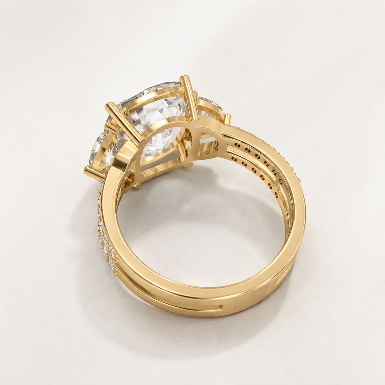 6.25 CT Cushion Diamond Three-Stone Ring in Yellow Gold, White Gold & Rose Gold - view 2
