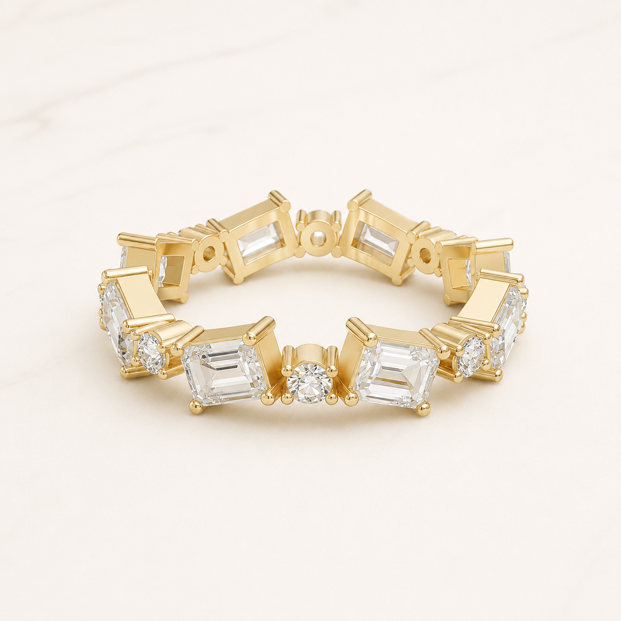1.76 CT Emerald & Round Diamond Band Ring in Yellow Gold, White Gold & Rose Gold