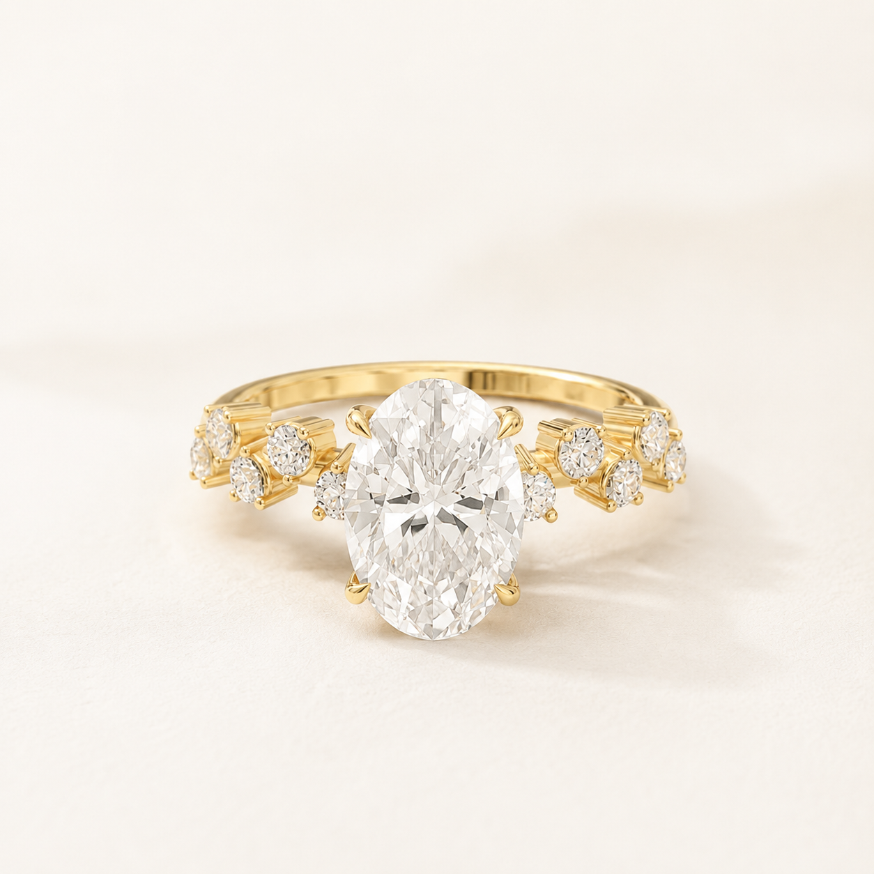 1.650 CT Oval Diamond Side Cluster Ring in Yellow Gold, White Gold & Rose Gold