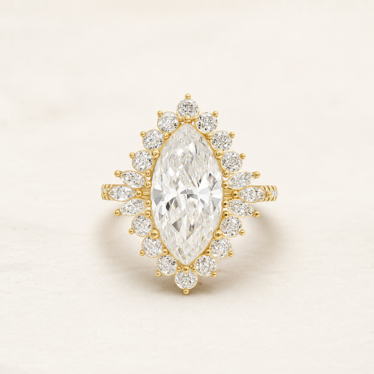 2.50 CT Marquise Diamond Halo Ring in Yellow Gold, White Gold & Rose Gold