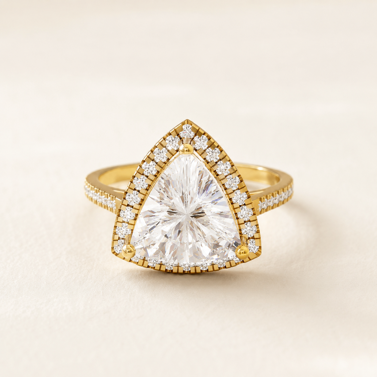 2.25 CT Trillion Diamond Halo Ring in Yellow Gold, White Gold & Rose Gold