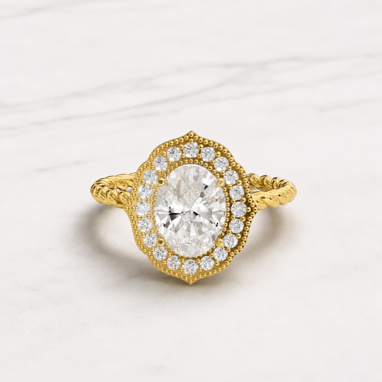 1.15 CT Oval Diamond Vintage Halo Ring in Yellow Gold, White Gold & Rose Gold