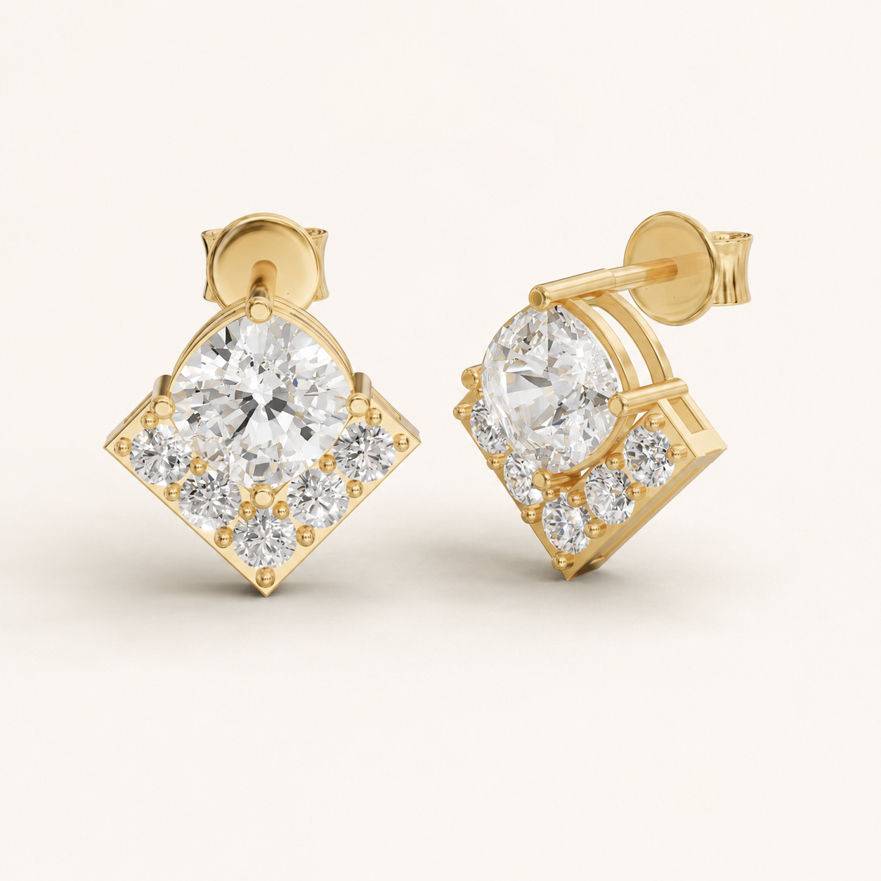 2.20 CT Cushion Diamond Stud Earrings in Yellow Gold, White Gold & Rose Gold