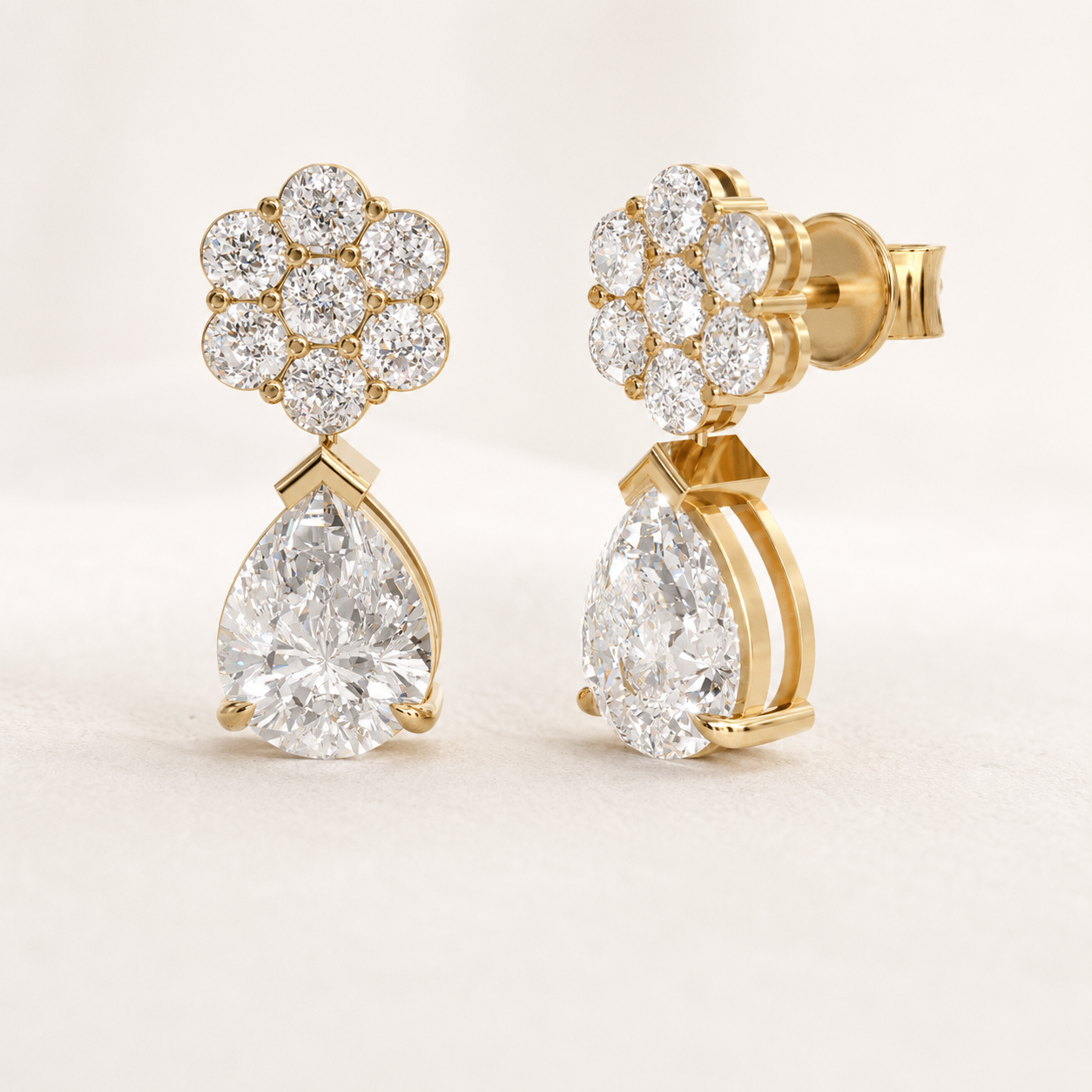3.70 CT Pear Diamond Floral Drop Earrings in Yellow Gold, White Gold & Rose Gold