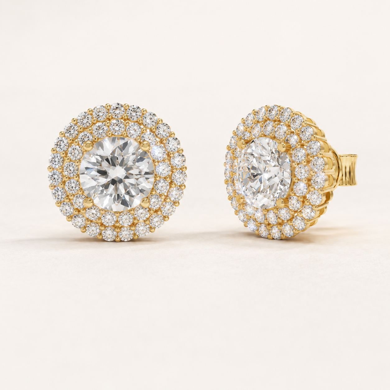 2.40 CT Round Diamond Double Halo Stud Earrings in Yellow Gold, White Gold & Rose Gold