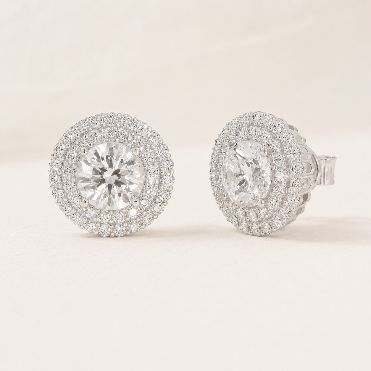 2.40 CT Round Diamond Double Halo Stud Earrings in Yellow Gold, White Gold & Rose Gold - view 2