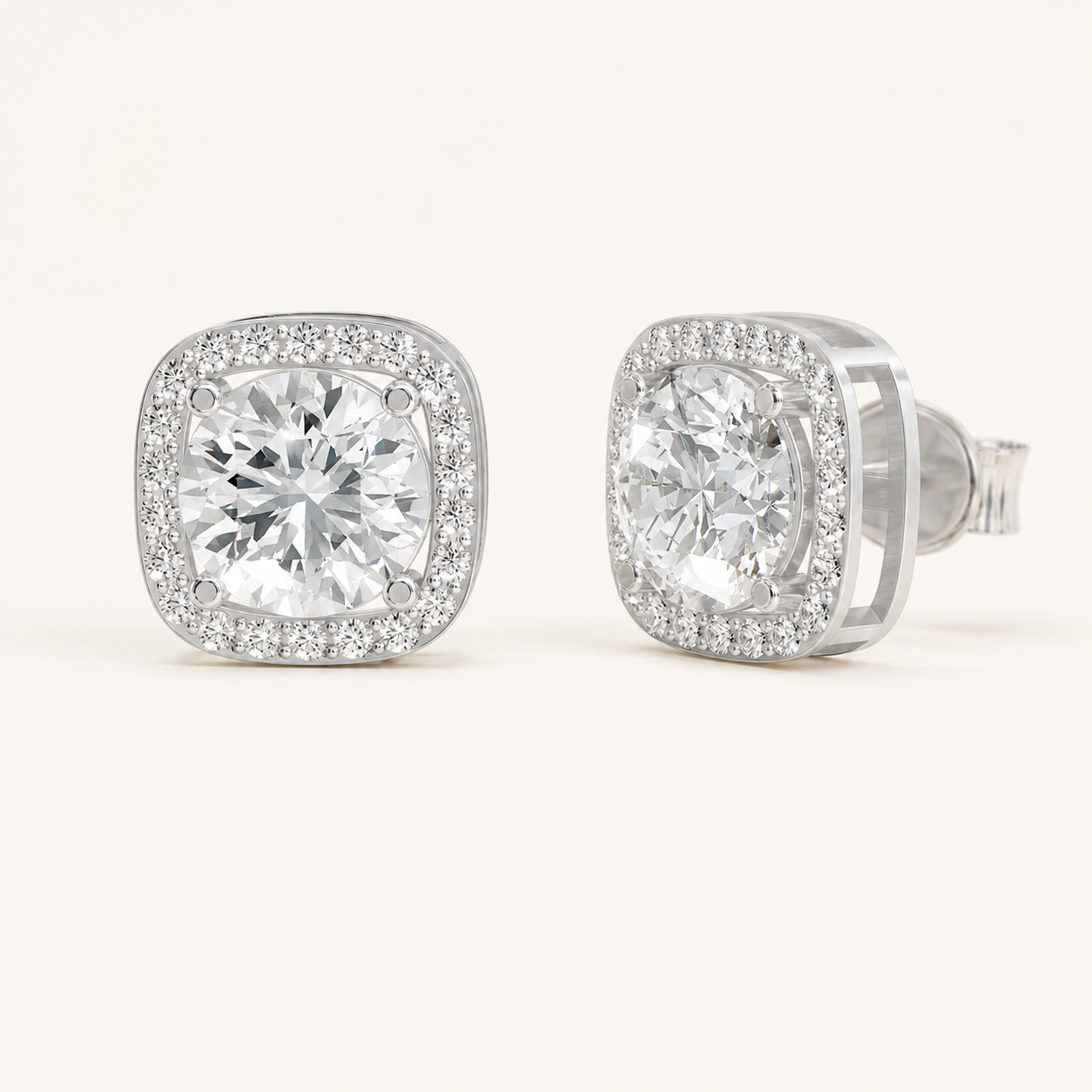 3.60 CT Round Diamond Halo Stud Earrings in Yellow Gold, White Gold & Rose Gold - view 2