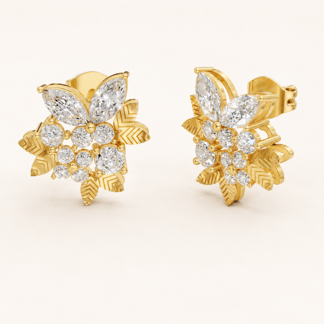 1.40 CT Marquise Diamond Floral Stud Earrings in Yellow Gold, White Gold & Rose Gold