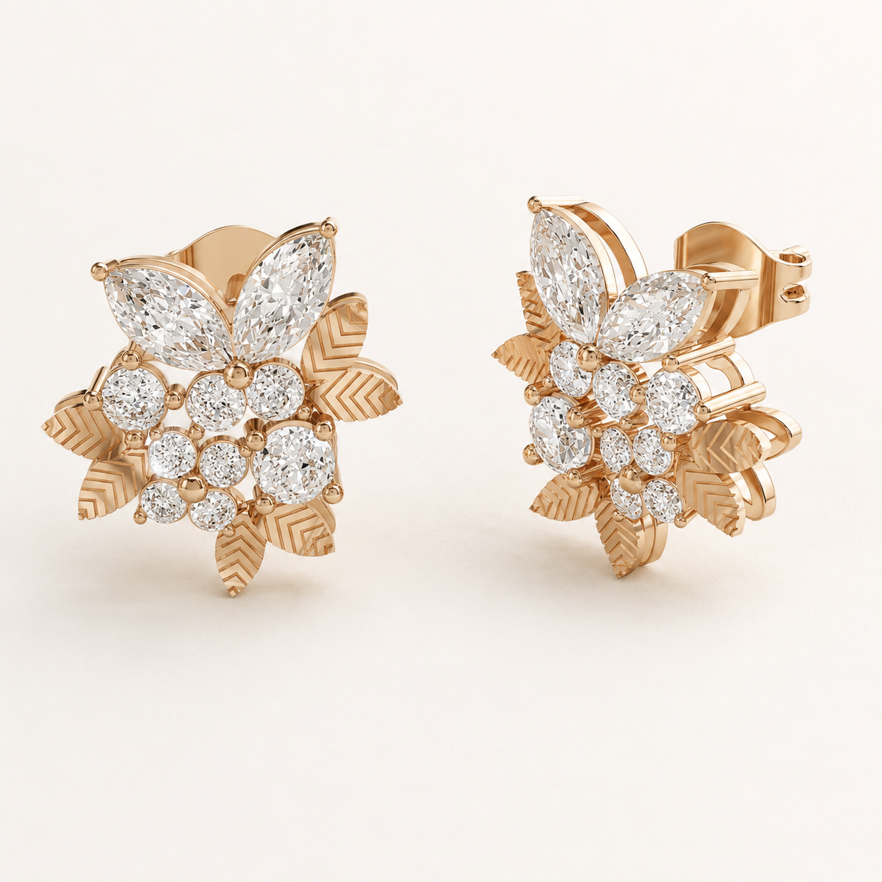 1.40 CT Marquise Diamond Floral Stud Earrings in Yellow Gold, White Gold & Rose Gold - view 2