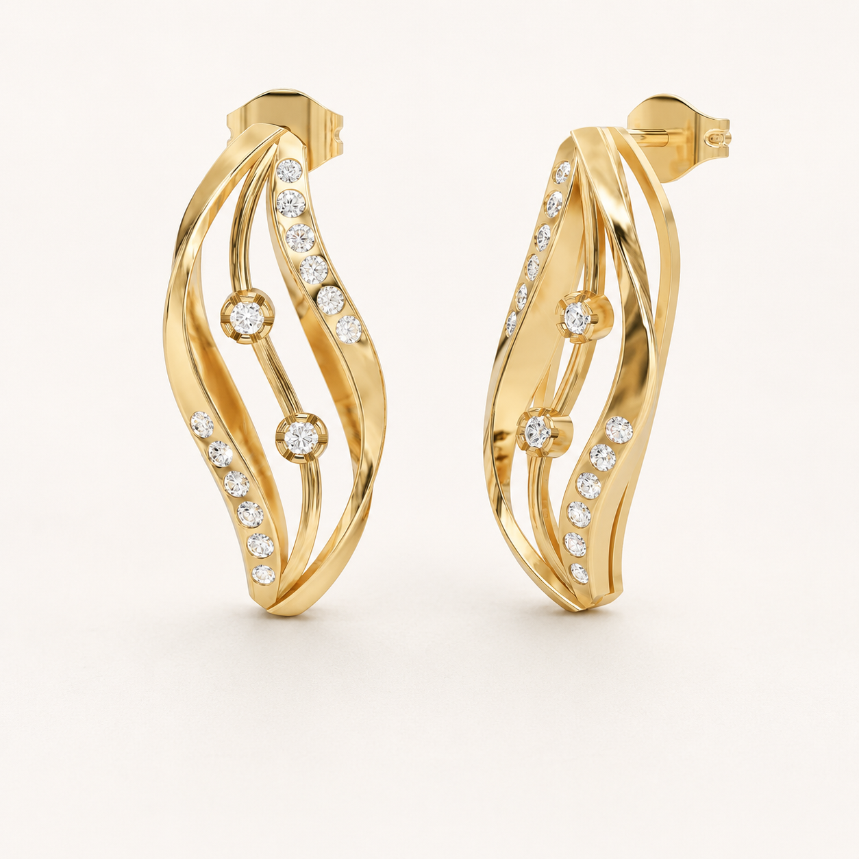 0.300 CT Round Diamond Wavy Hoop Earrings in Yellow Gold, White Gold & Rose Gold