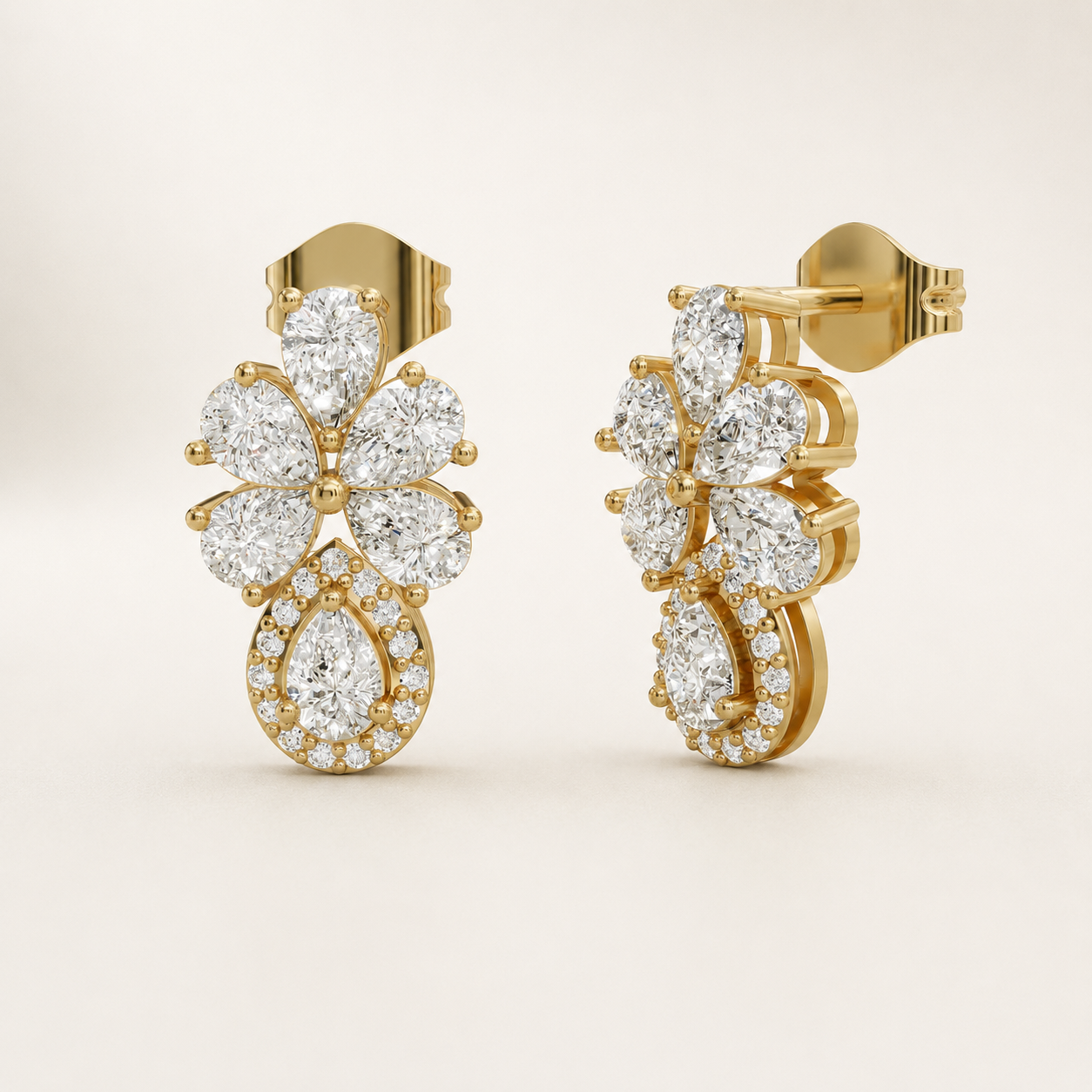 2.16 CT Pear Diamond Floral Drop Earrings in Yellow Gold, White Gold & Rose Gold