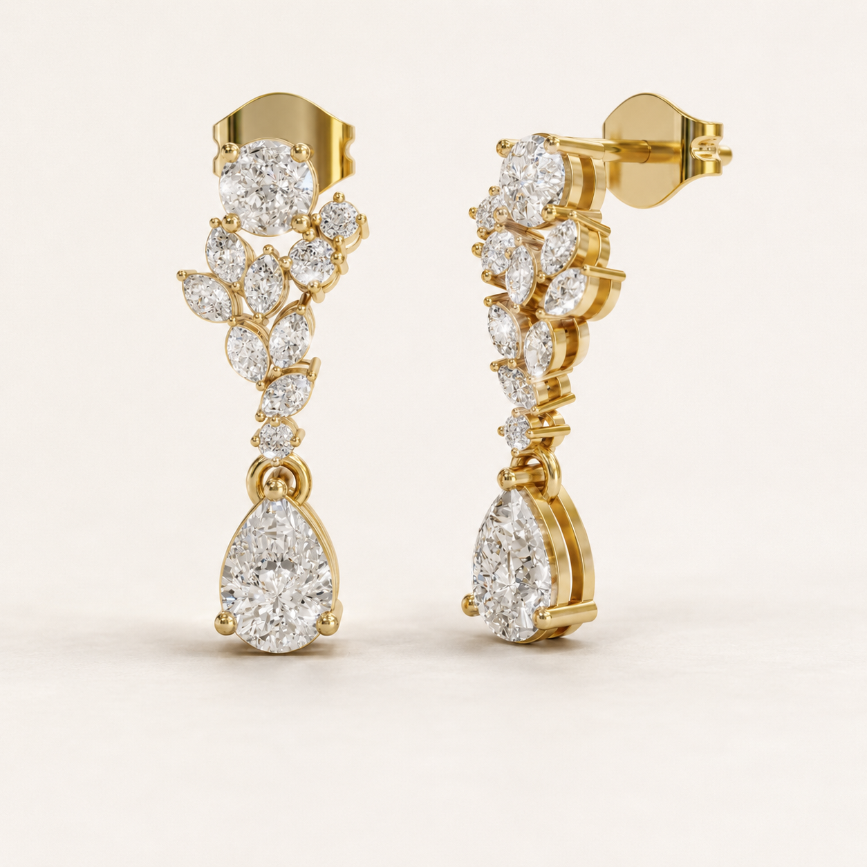 1.20 CT Pear Diamond Leaf Drop Earrings in Yellow Gold, White Gold & Rose Gold