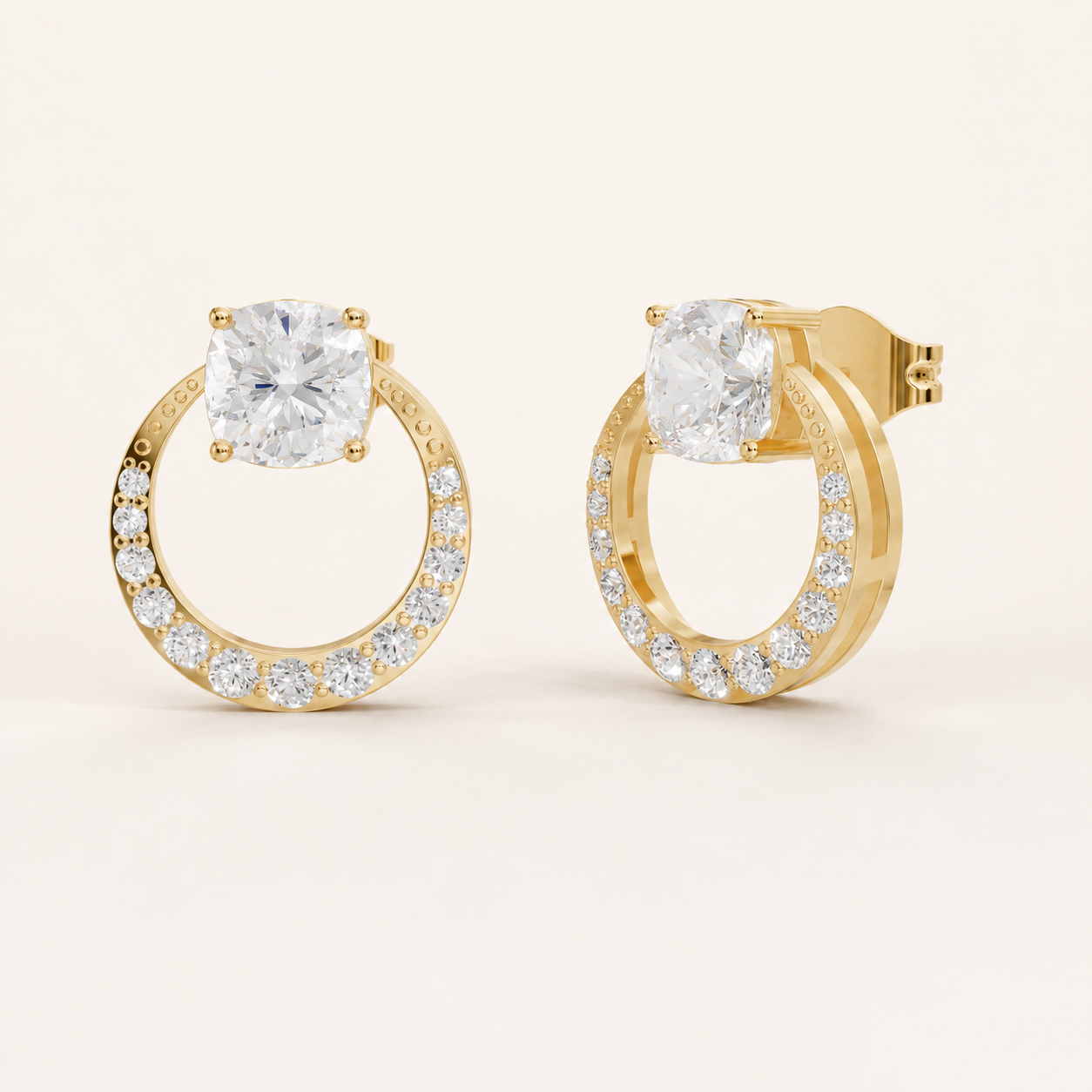 1.50 CT Cushion Diamond Hoop Earrings in Yellow Gold, White Gold & Rose Gold