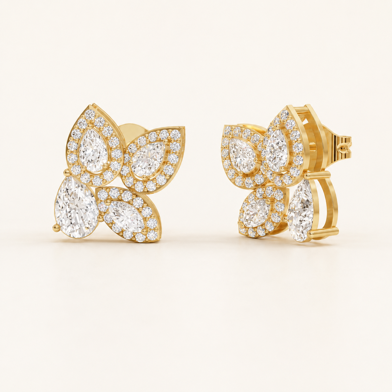 0.90 CT Pear Diamond Floral Stud Earrings in Yellow Gold, White Gold & Rose Gold