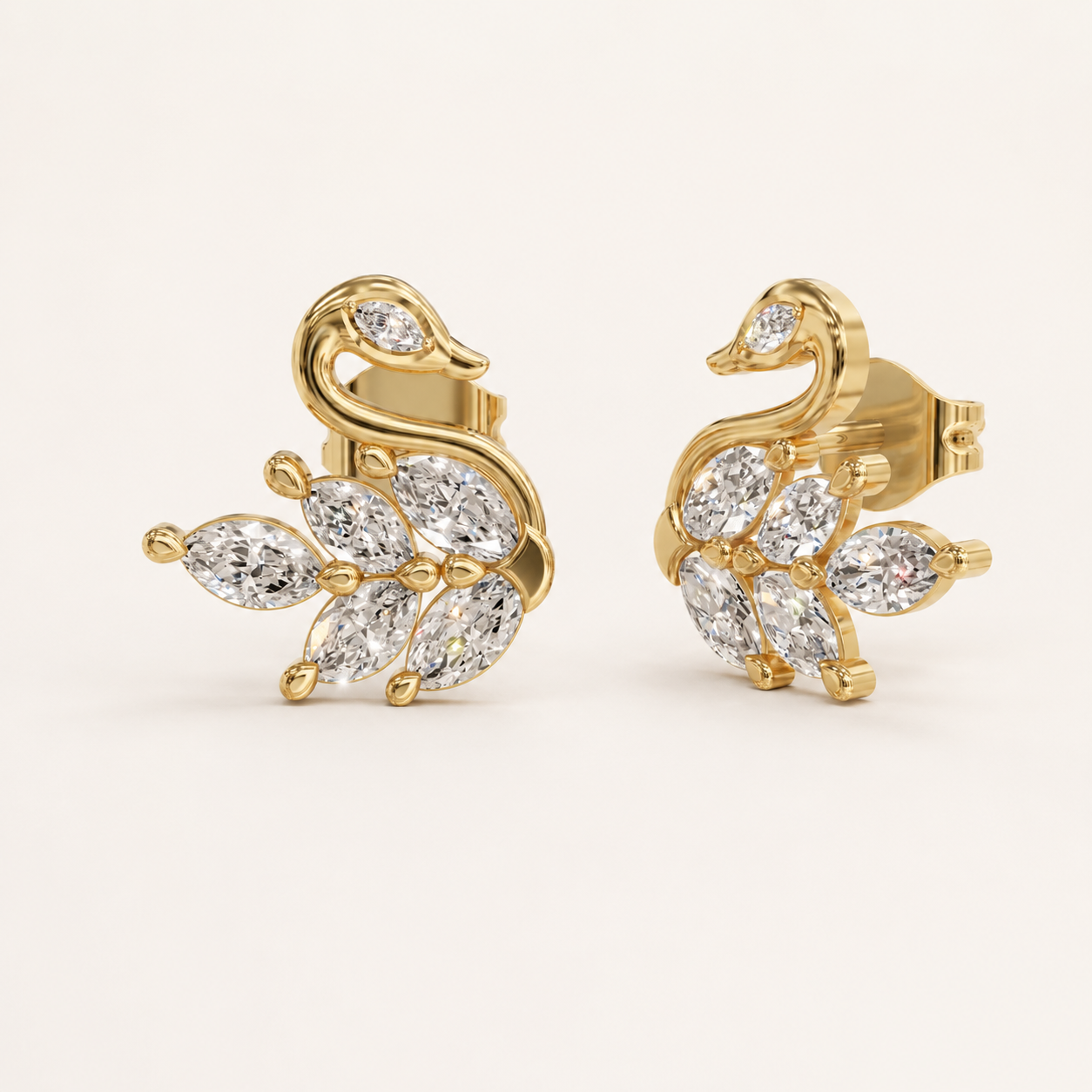 1.32 CT Marquise Diamond Swan Stud Earrings in Yellow Gold, White Gold & Rose Gold