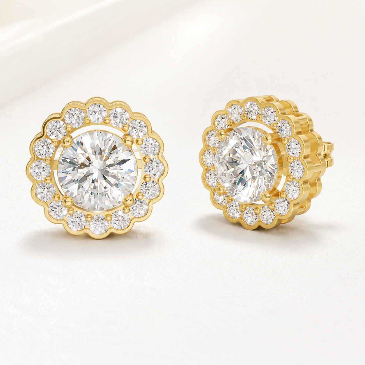 1.90 CT Round Diamond Floral Halo Stud Earrings in Yellow Gold, White Gold & Rose Gold