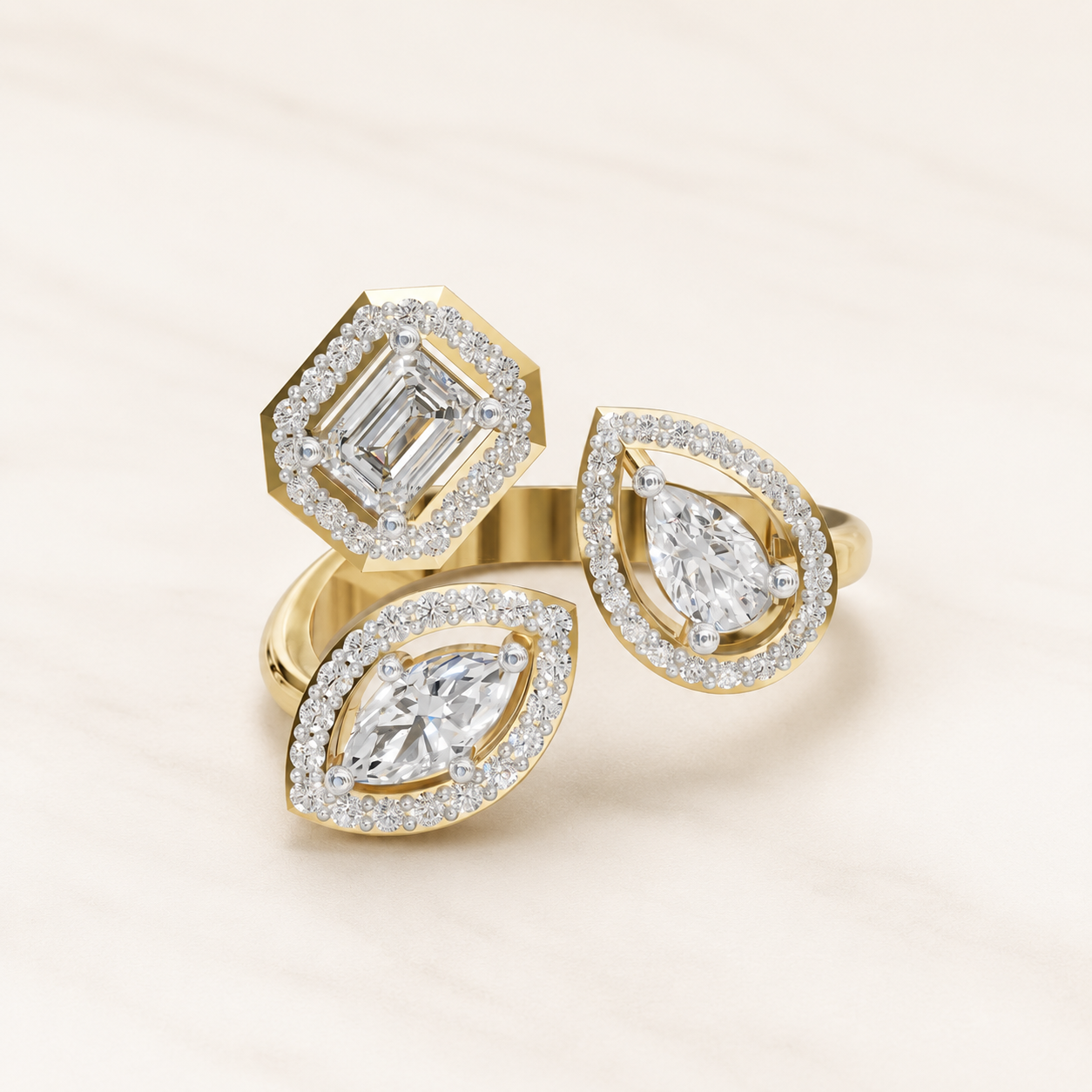 0.250 CT Emerald Diamond Statement Ring in White, Yellow & Rose Gold