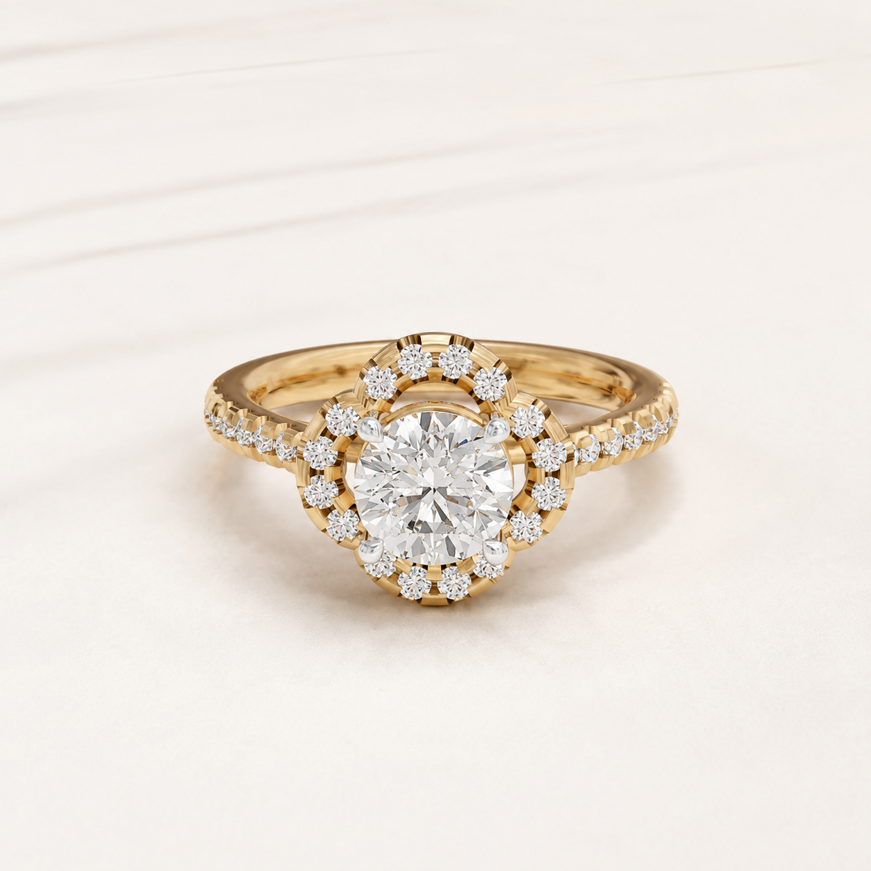 0.840 CT Round Diamond Floral Halo Ring in White, Yellow & Rose Gold
