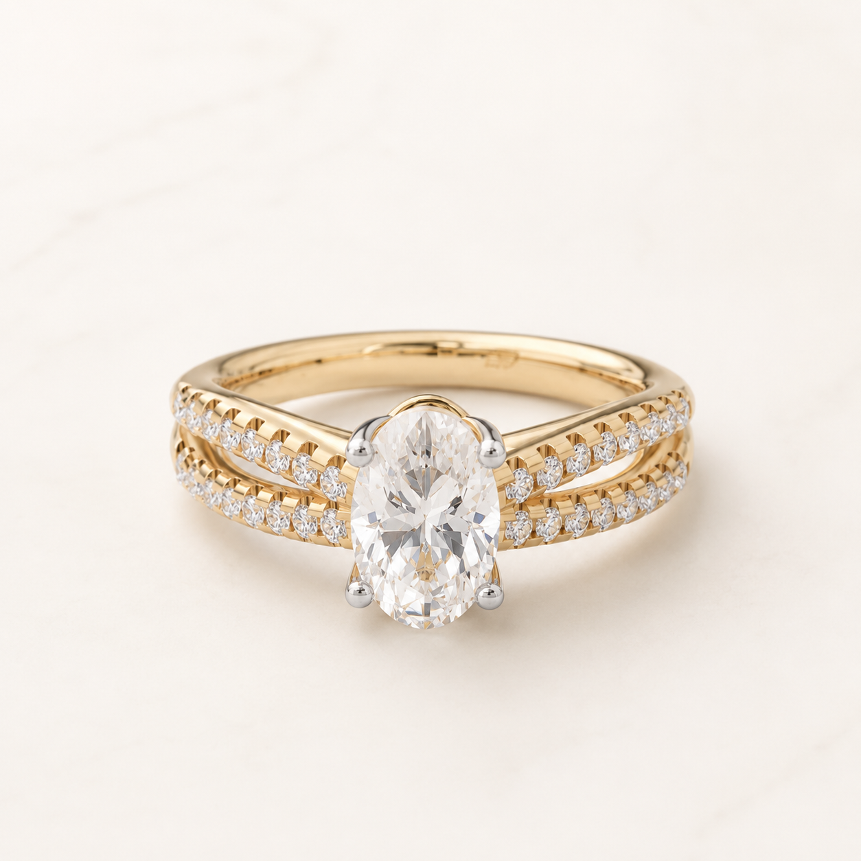 0.850 CT Oval Diamond Split-Shank Ring in White Gold, Yellow Gold & Rose Gold