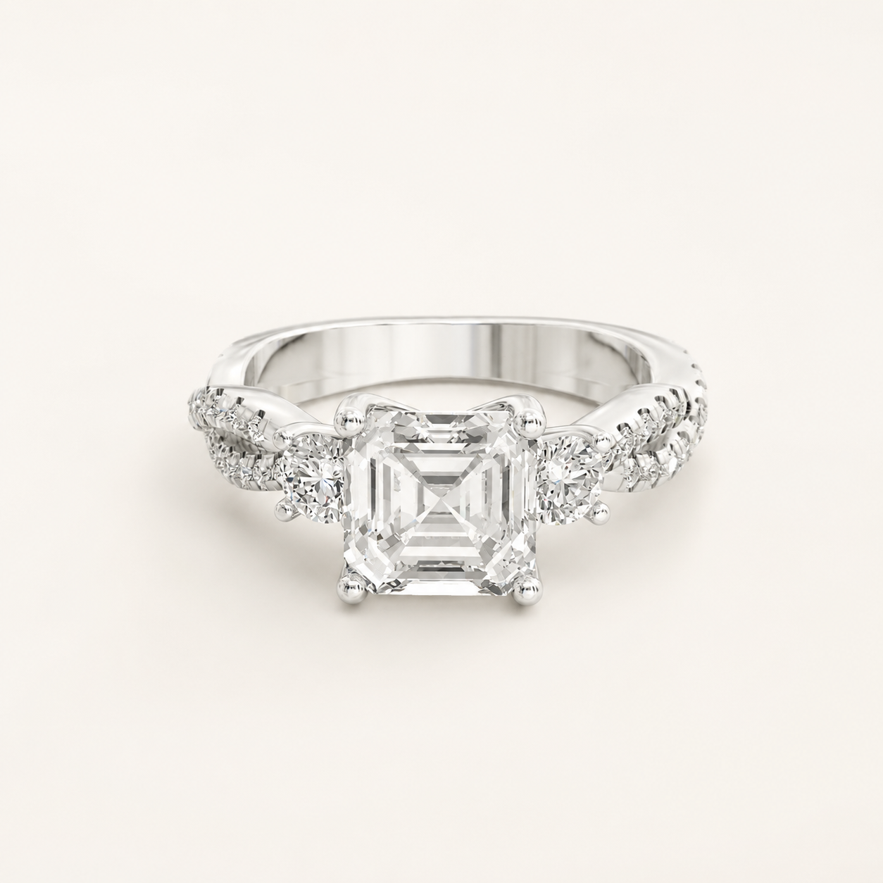 2.00 CT Emerald Cut Diamond Twist Ring in White Gold, Yellow Gold & Rose Gold