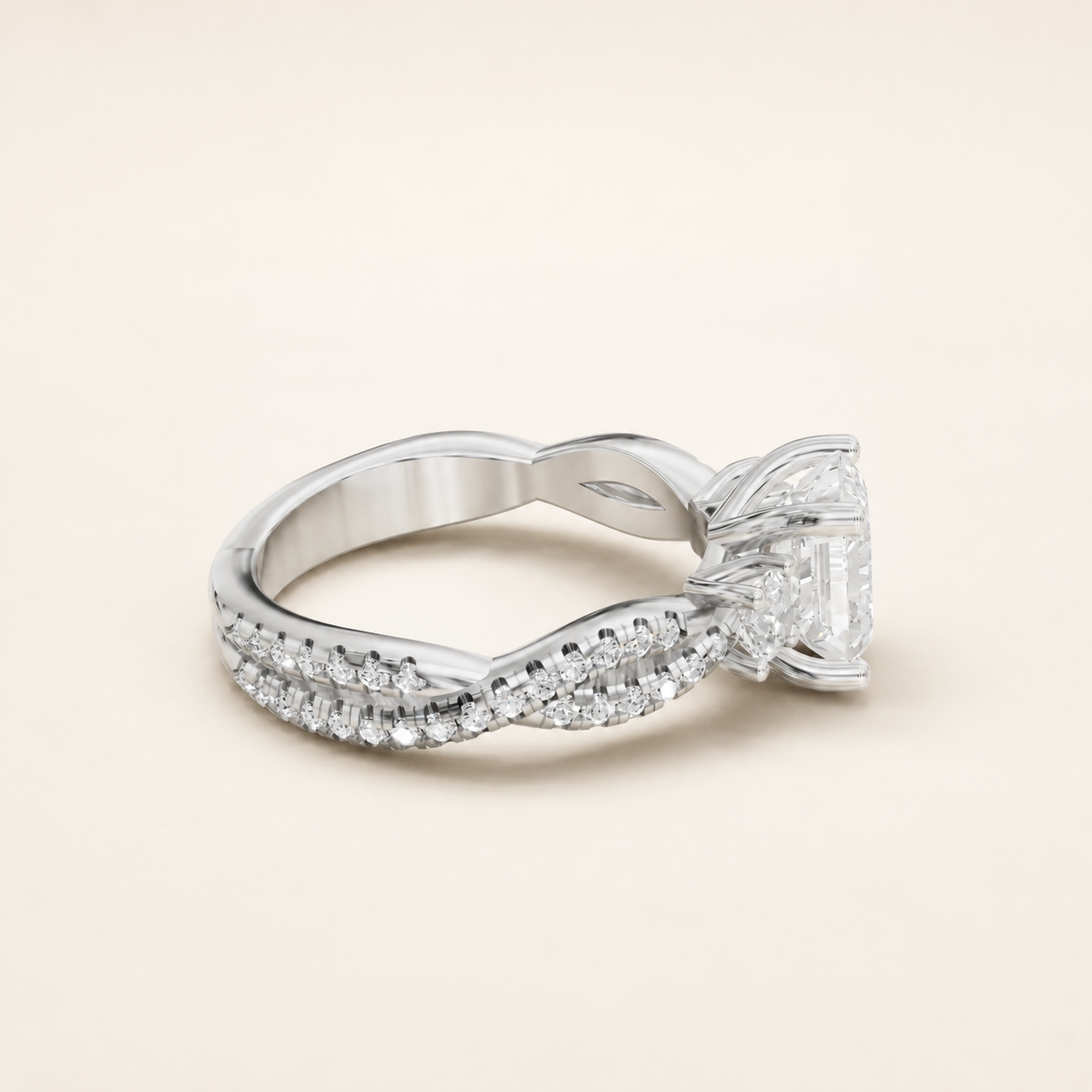 2.00 CT Emerald Cut Diamond Twist Ring in White Gold, Yellow Gold & Rose Gold - view 2