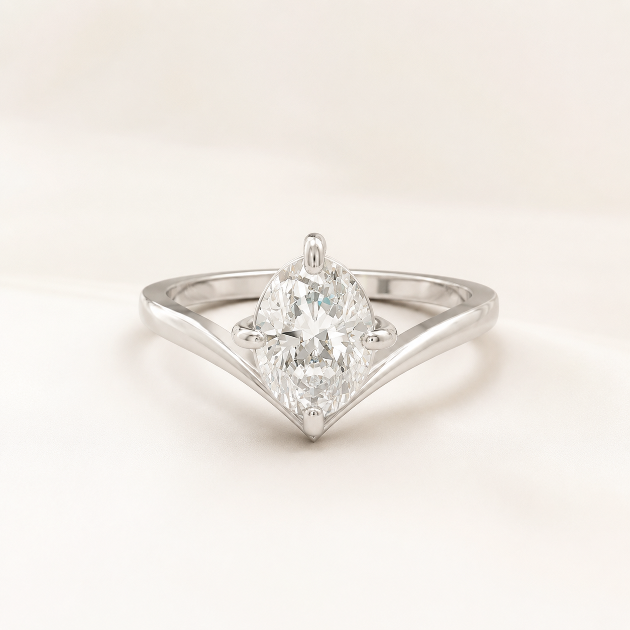 1.00 CT Oval Diamond V-Shaped Ring in White Gold, Yellow Gold & Rose Gold