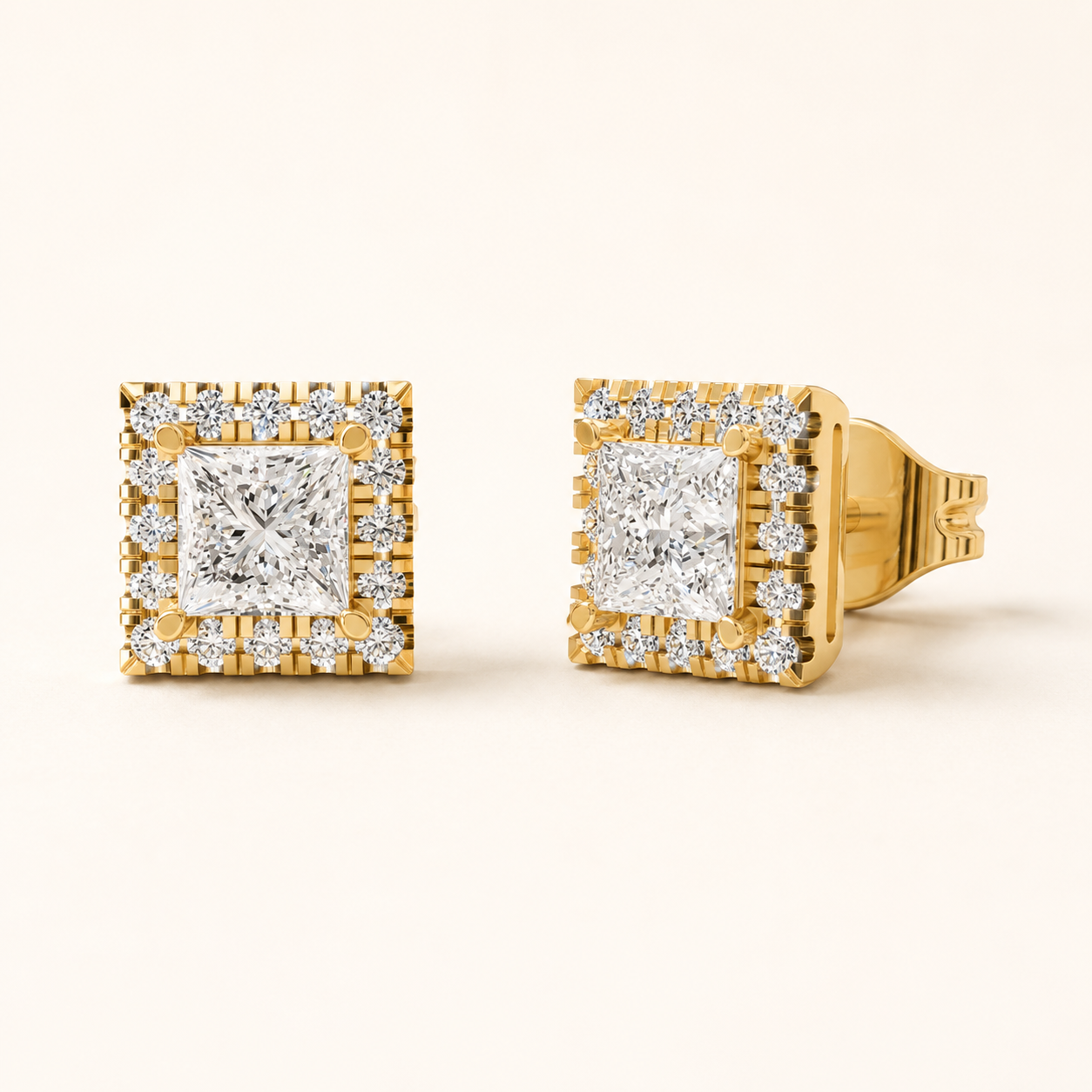 1.00 CT Princess Lab-Grown Diamond Halo Stud Earrings in Yellow Gold, White Gold & Rose Gold