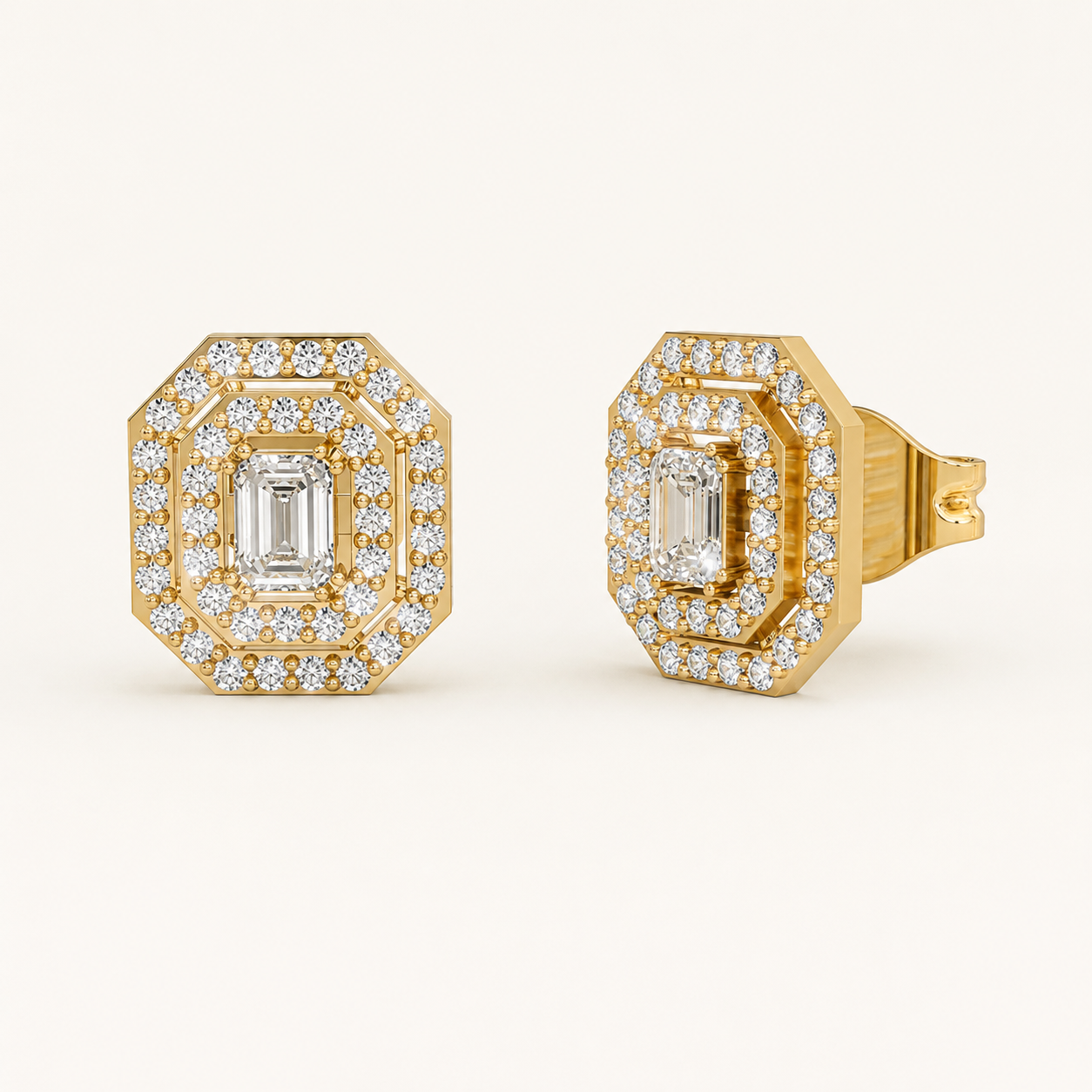 3.20 CT Emerald & Round Lab-Grown Diamond Halo Stud Earrings in Yellow Gold, White Gold & Rose Gold
