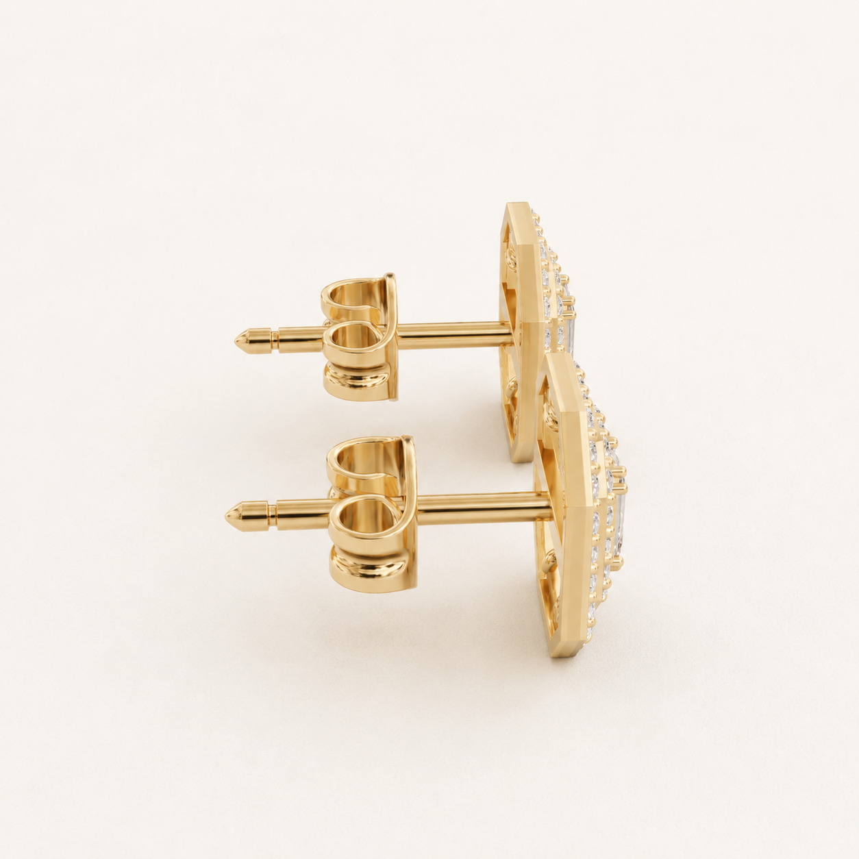 3.20 CT Emerald & Round Lab-Grown Diamond Halo Stud Earrings in Yellow Gold, White Gold & Rose Gold - view 2